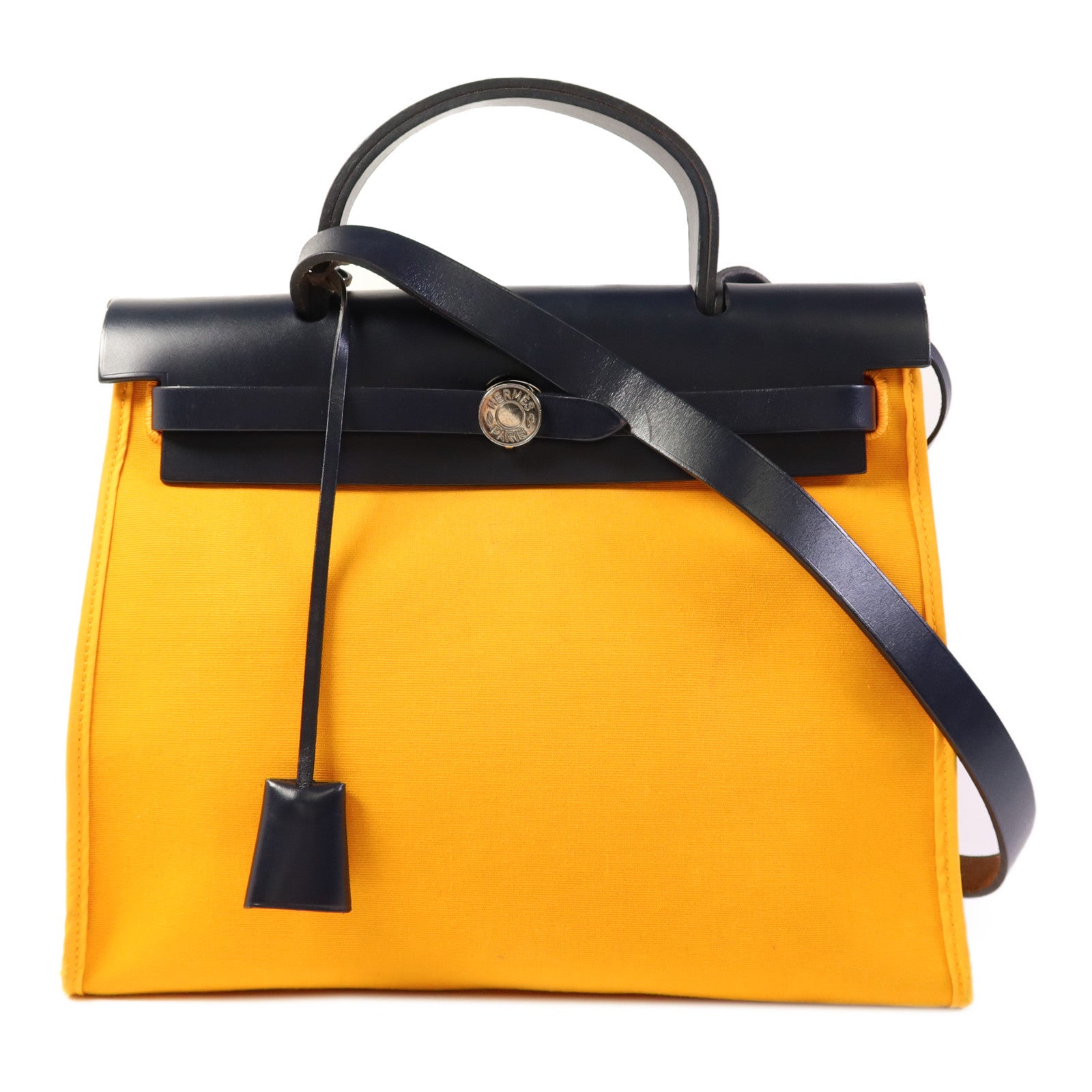 HERMES 帆布Herbag PM銀扣手挽肩背兩用袋Jaune d'Or