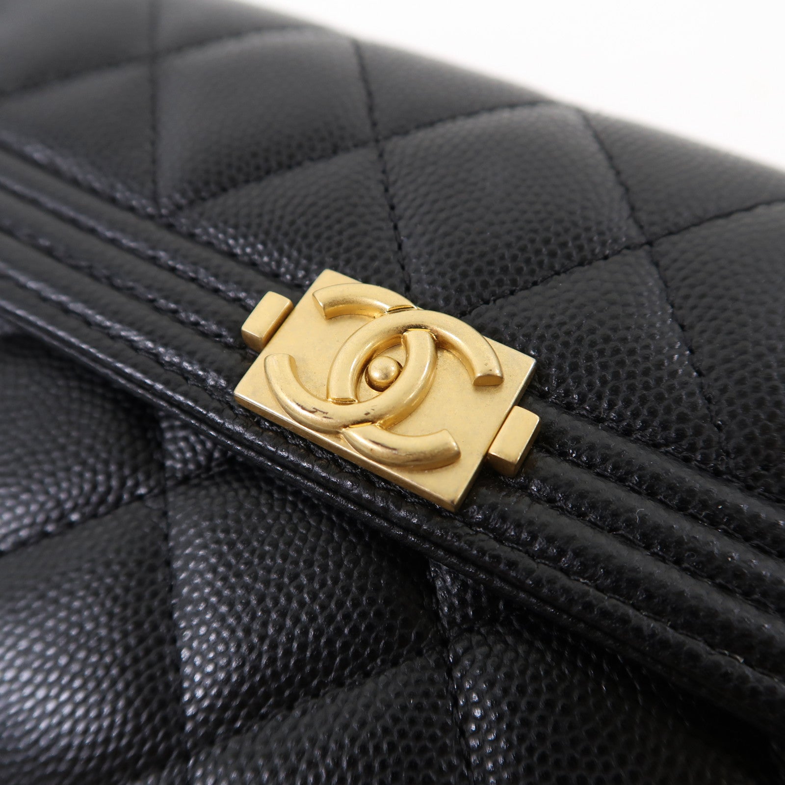 CHANEL 菱格牛皮皮革Boy Long Wallet金扣長錢包黑色