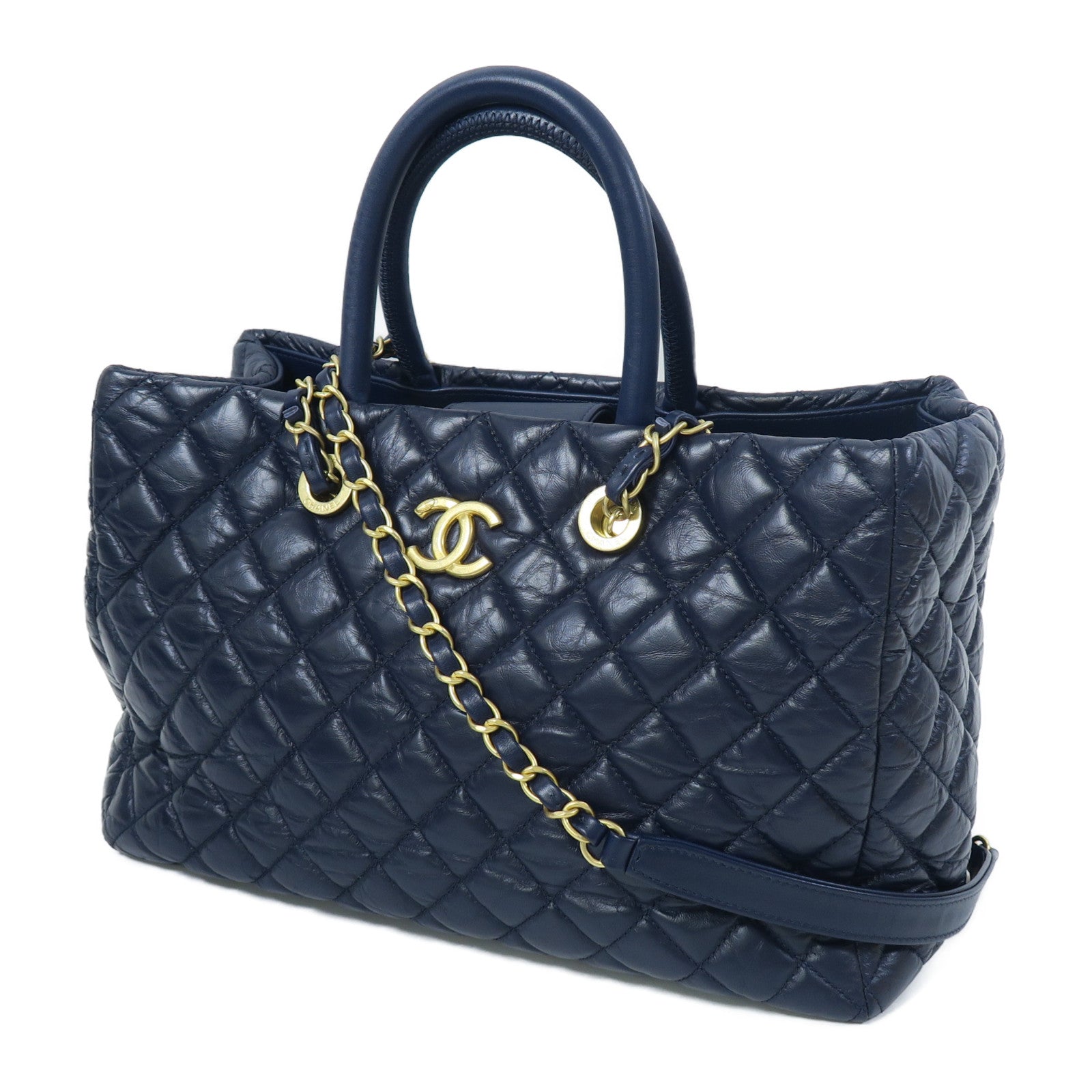 CHANEL 【激減優惠】菱格牛皮皮革Shoulder Tote金扣手挽肩背兩用袋藍色
