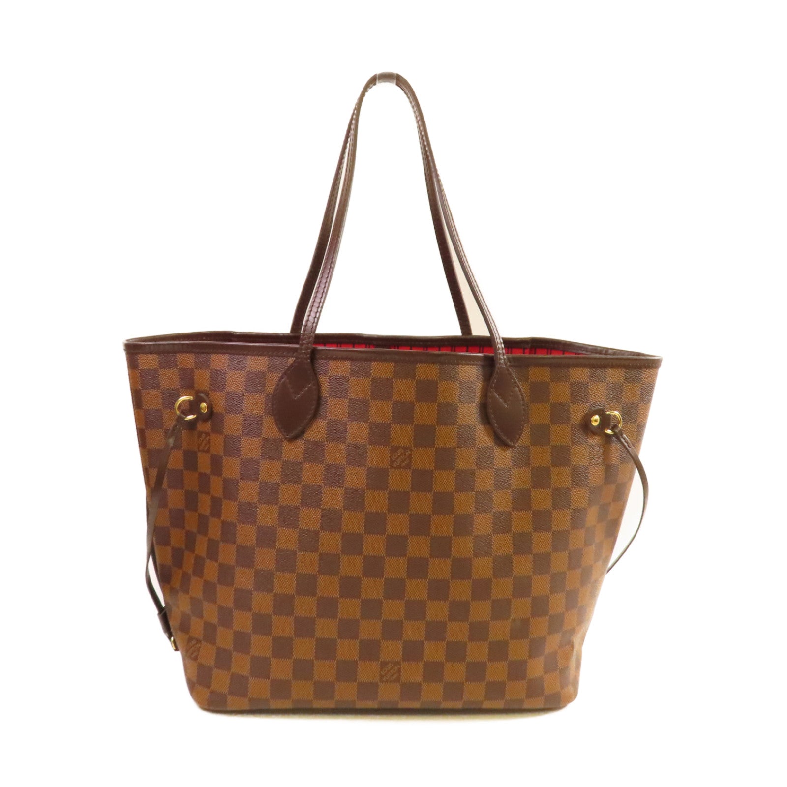 LOUIS VUITTON 【激減優惠】Damier Ebene Neverfull MM Tote Bag金扣肩背袋啡色/紅色