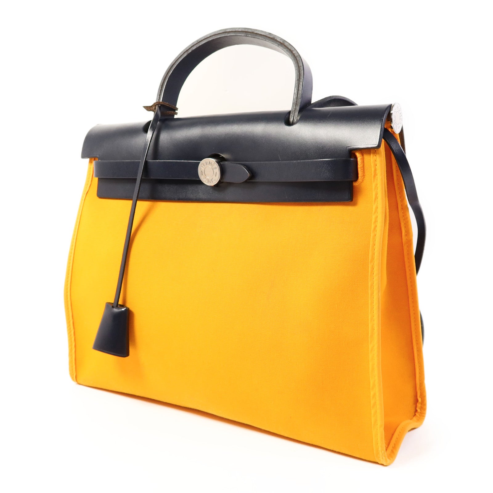 HERMES 帆布Herbag PM銀扣手挽肩背兩用袋Jaune d'Or