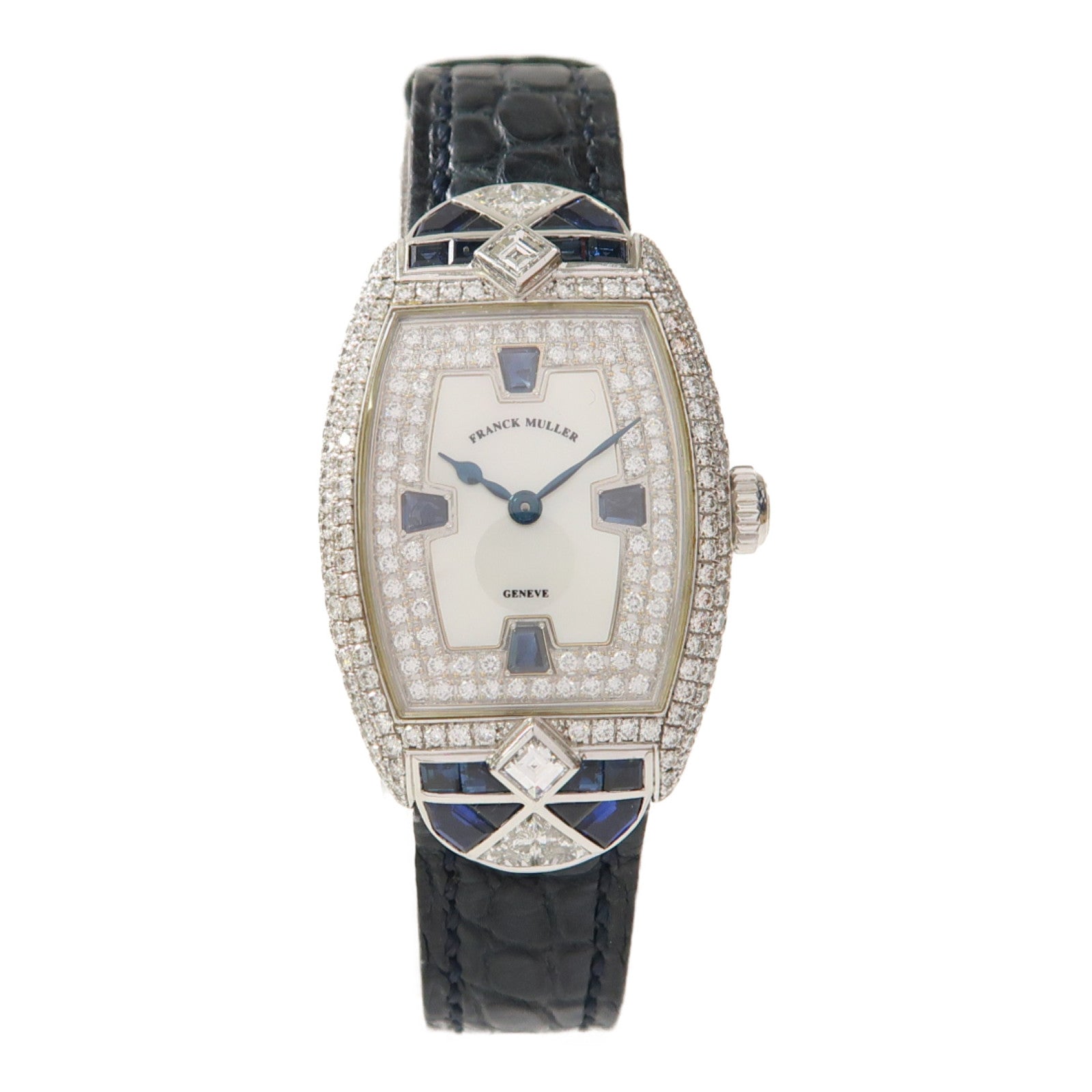 FRANCK MULLER Sapphire Diamond Watch 18K白金/皮革帶手錶手動機芯珍珠色