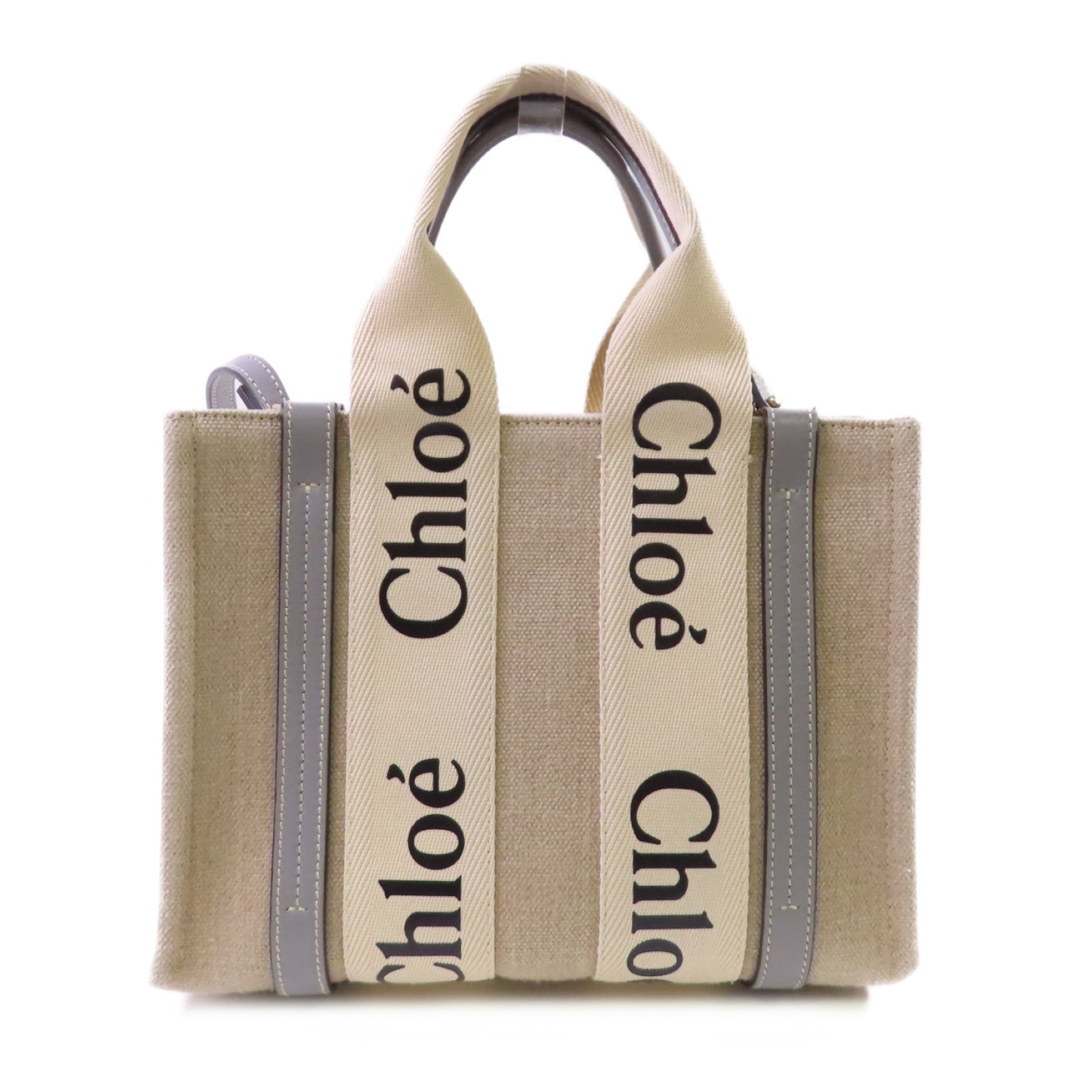 Chloe 帆布Mini Woody Tote 2Way Shoulder Bag手挽肩背兩用袋杏色/淺藍色