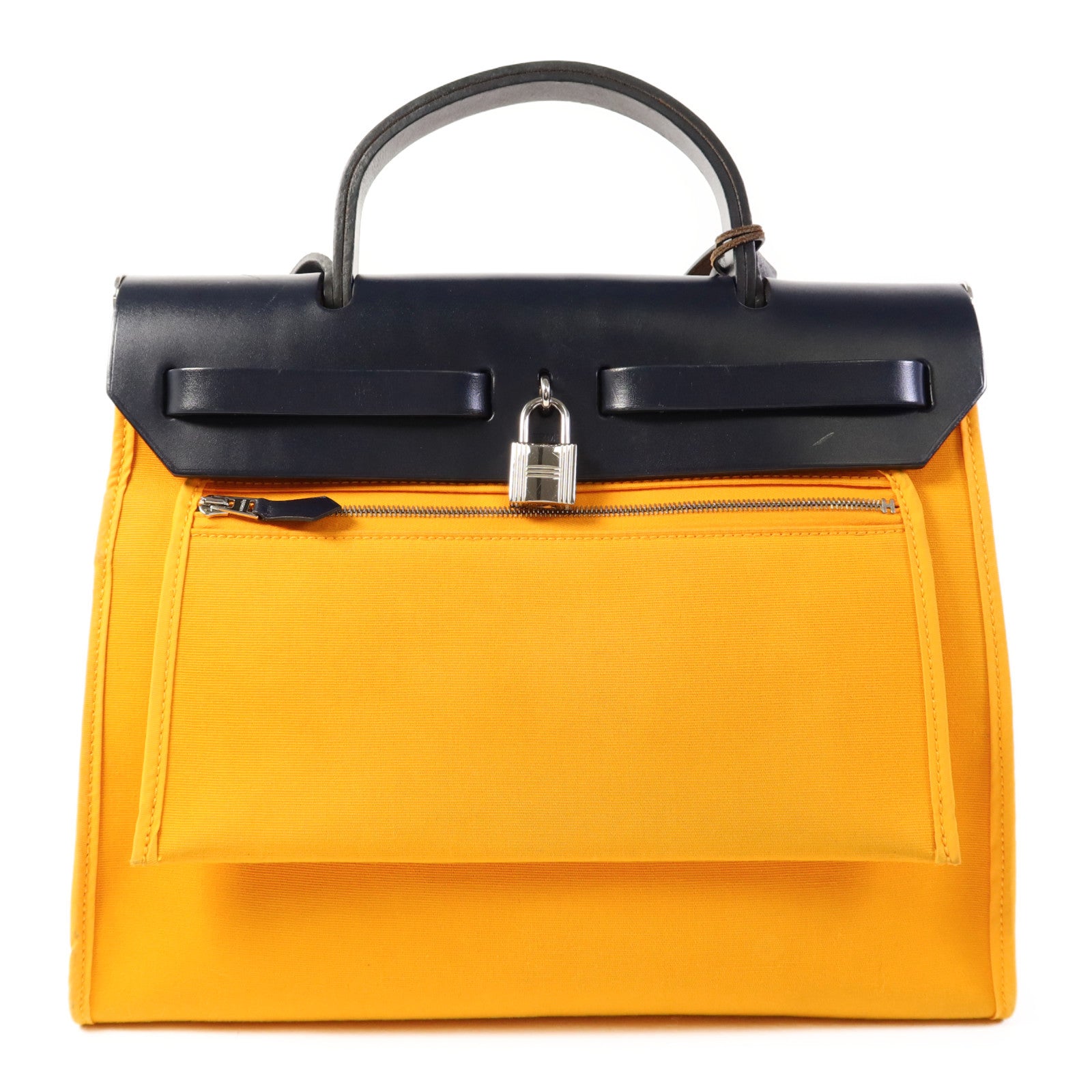 HERMES 帆布Herbag PM銀扣手挽肩背兩用袋Jaune d'Or
