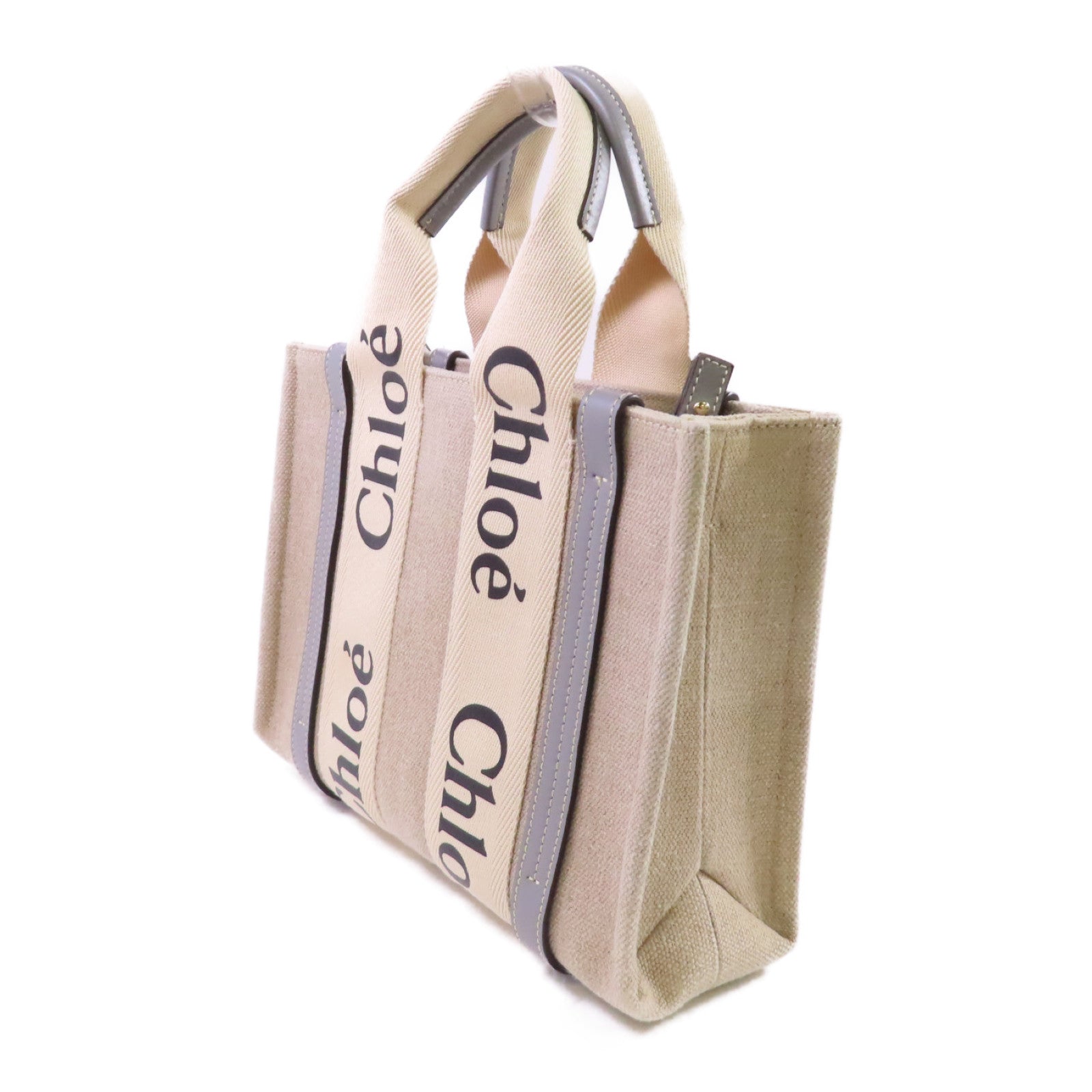 Chloe 帆布Mini Woody Tote 2Way Shoulder Bag手挽肩背兩用袋杏色/淺藍色