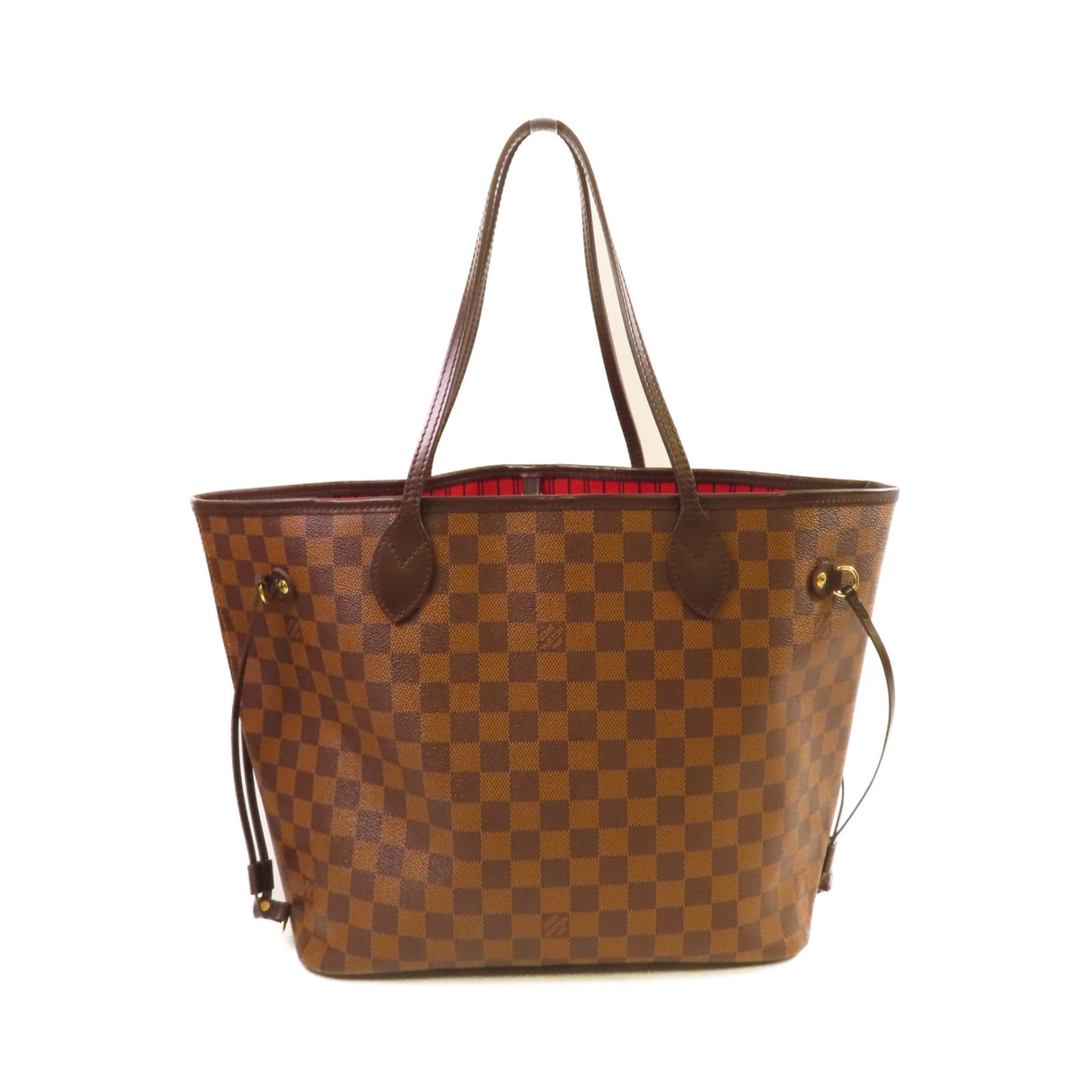 LOUIS VUITTON 【激減優惠】Damier Ebene Neverfull MM Tote Bag金扣肩背袋啡色/紅色