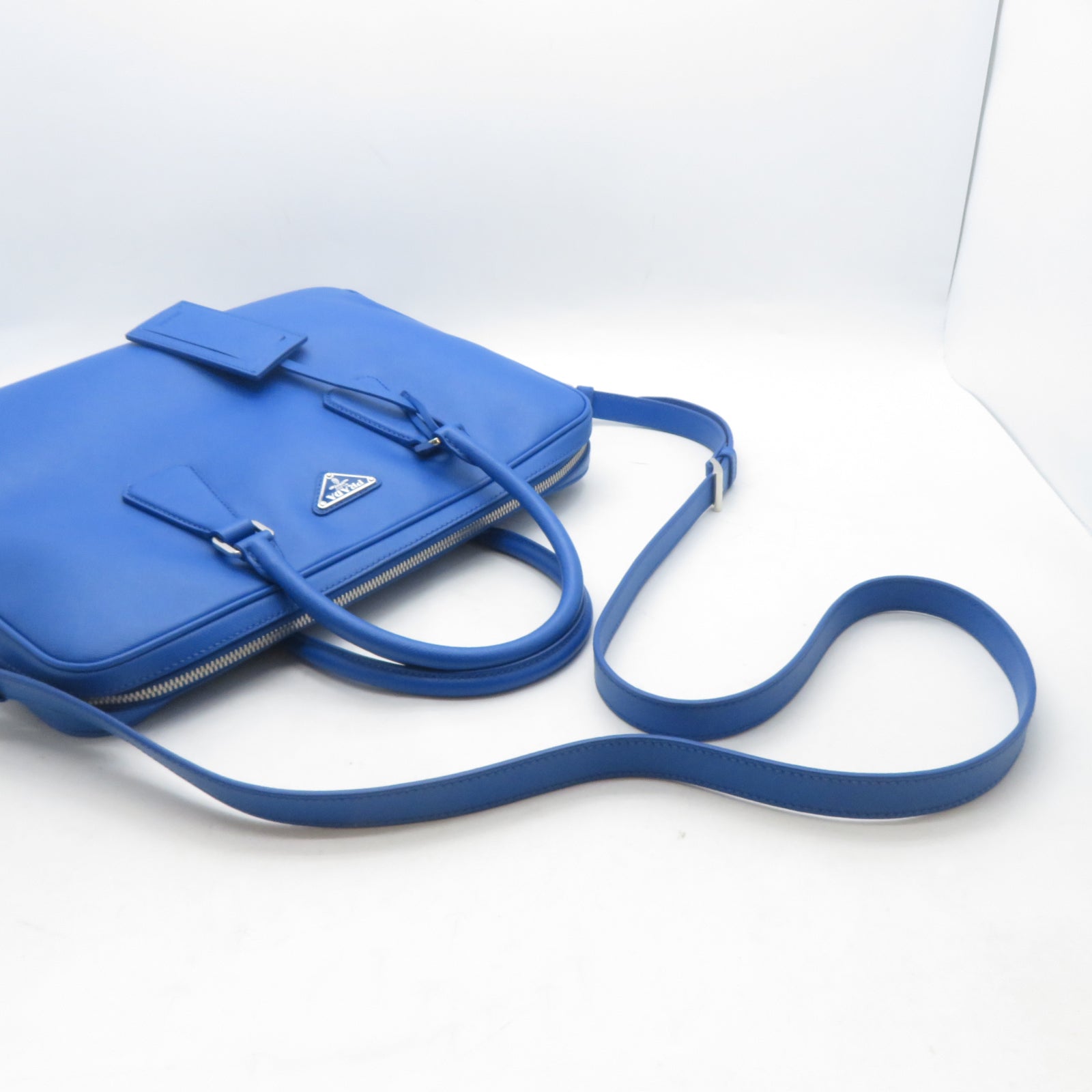 PRADA 【激減優惠】Saffiano皮革Business Bag銀扣公事包藍色