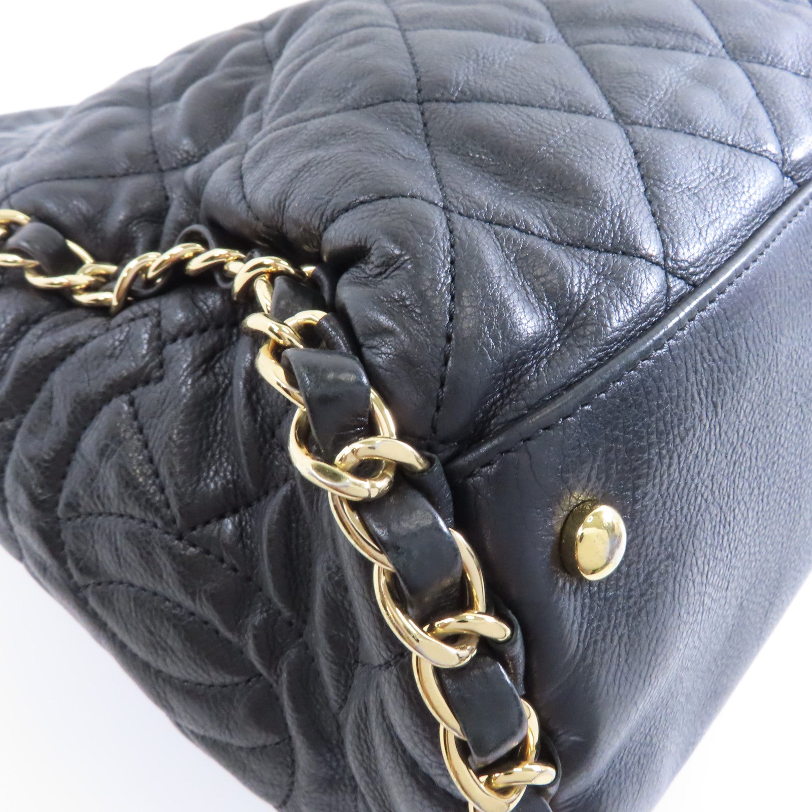 CHANEL 菱格牛皮皮革Shoulder Bag金扣鏈帶肩背袋黑色