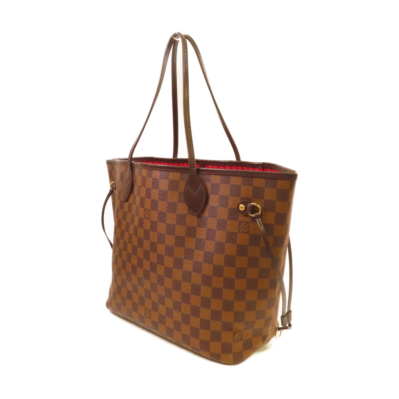 LOUIS VUITTON 【激減優惠】Damier Ebene Neverfull MM Tote Bag金扣肩背袋啡色/紅色