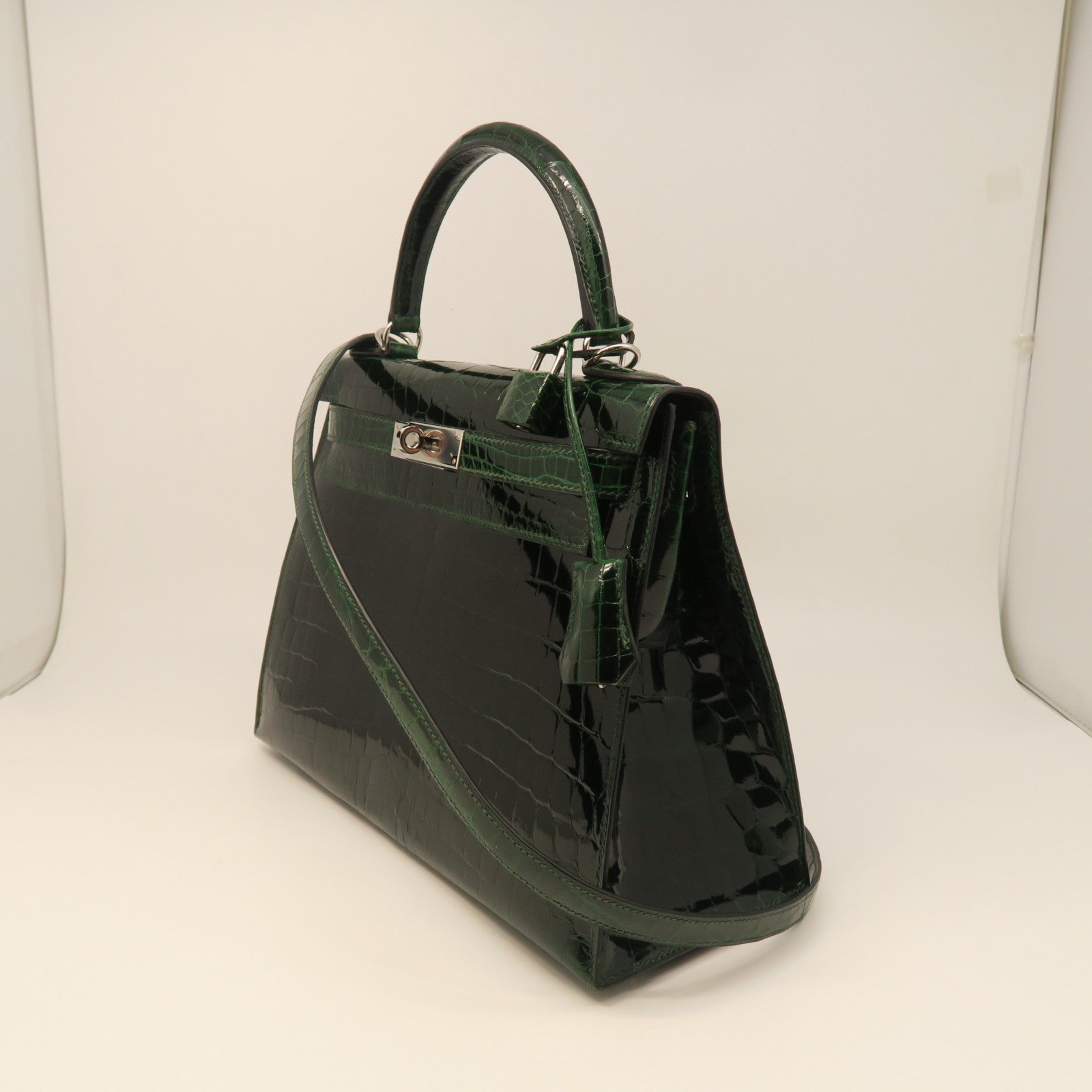 HERMES crocodile leather Sac Kelly II Sellier 28 silver buckle handle bag crocodile army green