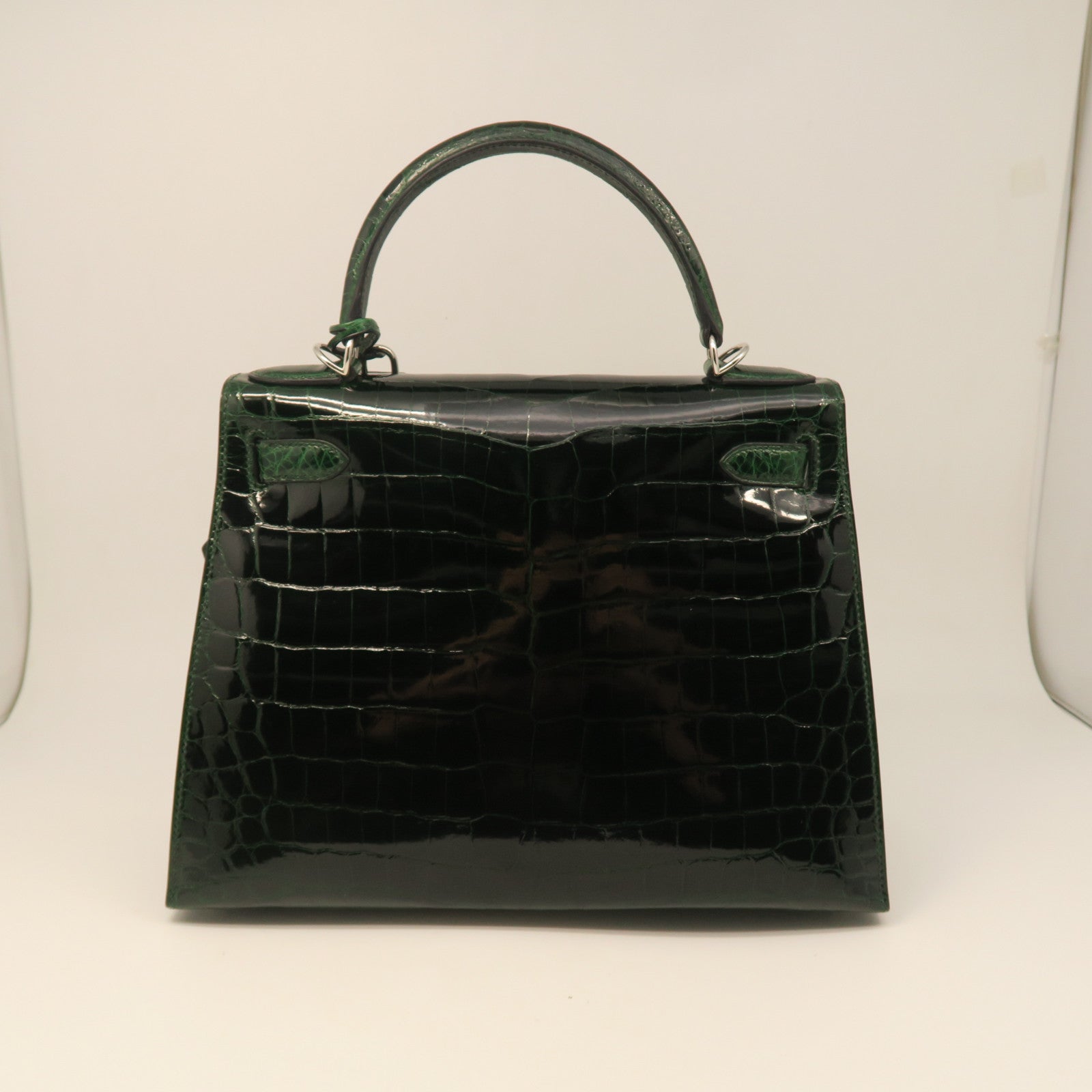 HERMES crocodile leather Sac Kelly II Sellier 28 silver buckle handle bag crocodile army green