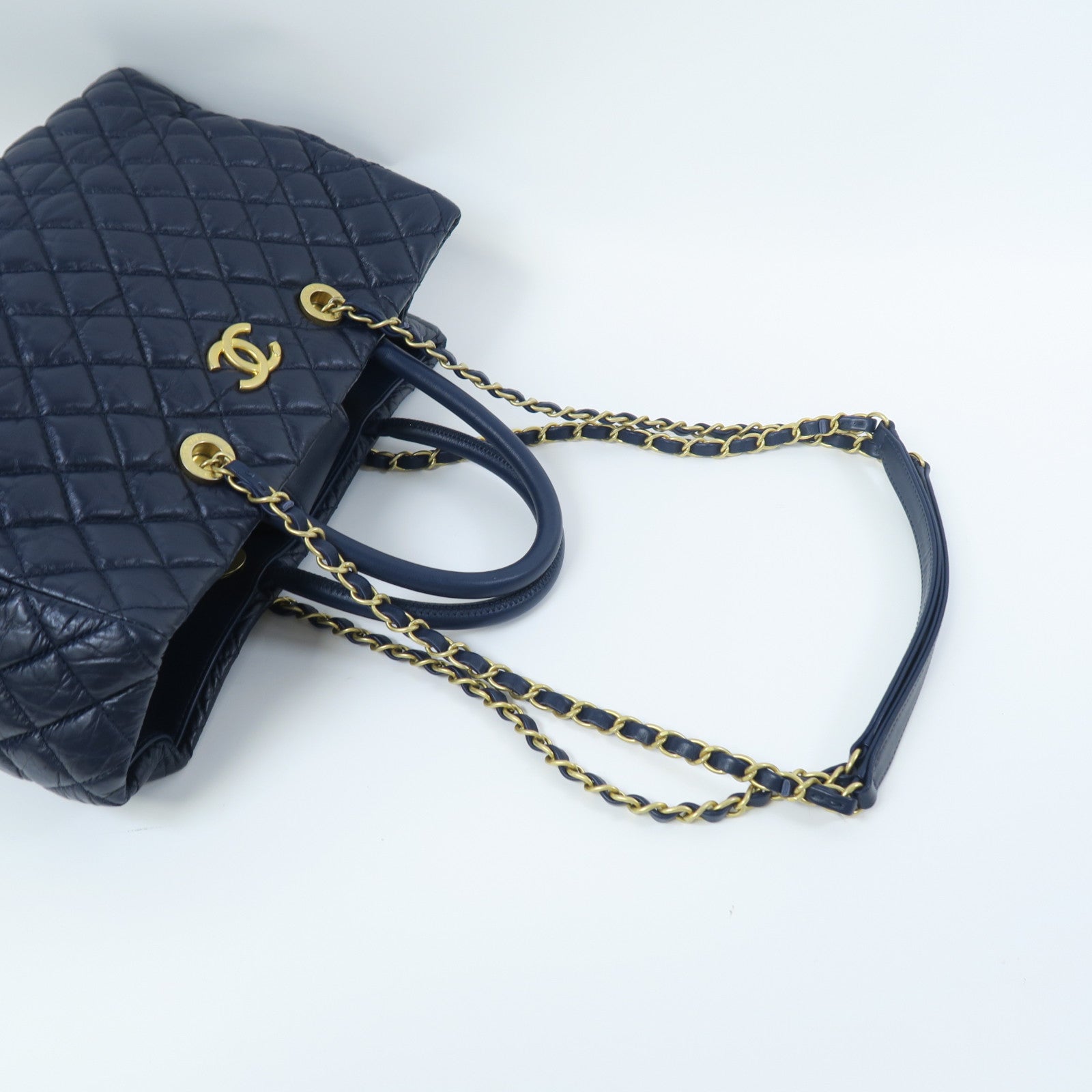 CHANEL 【激減優惠】菱格牛皮皮革Shoulder Tote金扣手挽肩背兩用袋藍色