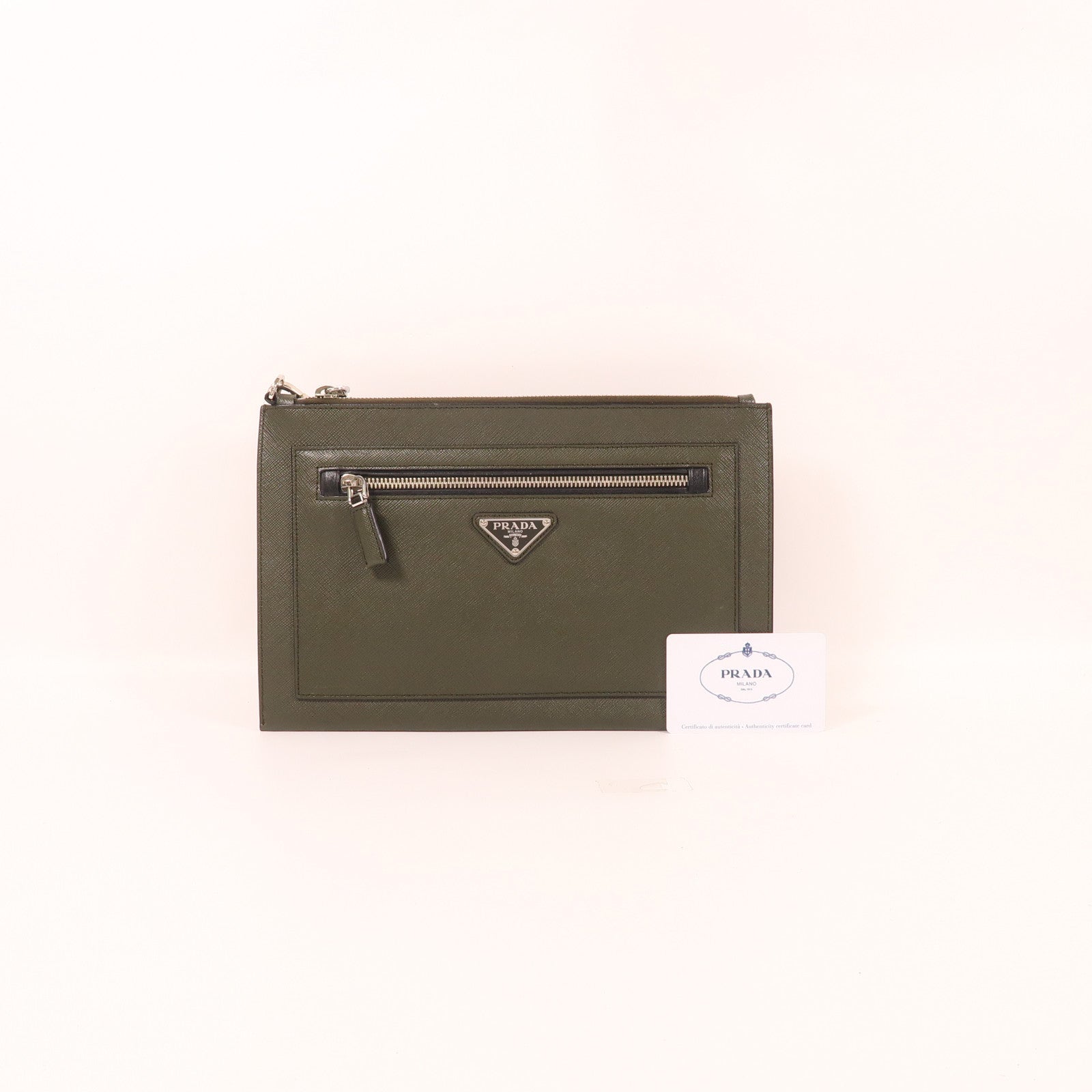 PRADA Saffiano皮革Pouch銀扣手拿包綠色