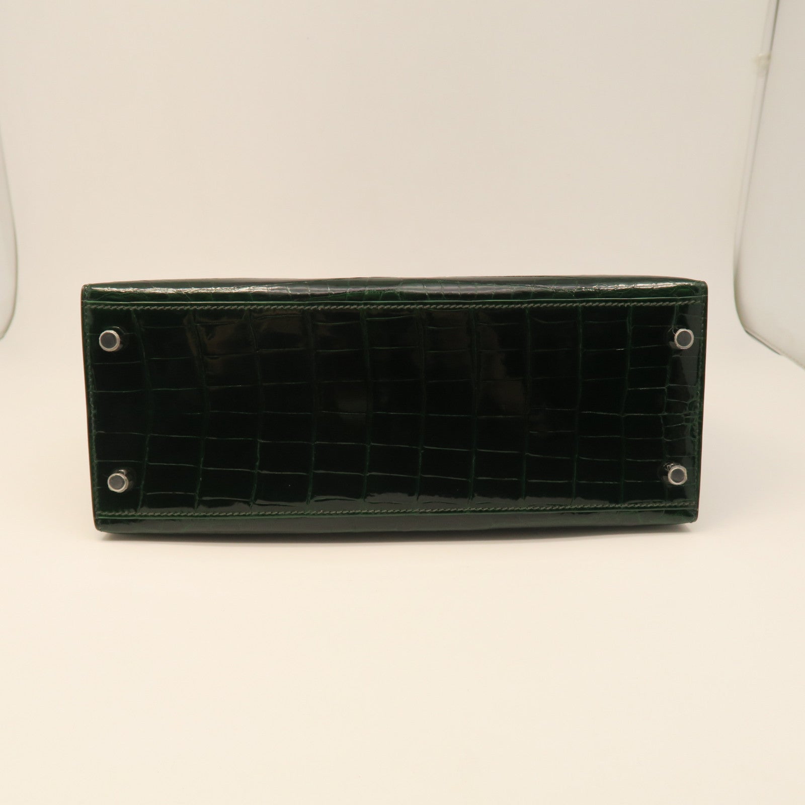 HERMES crocodile leather Sac Kelly II Sellier 28 silver buckle handle bag crocodile army green