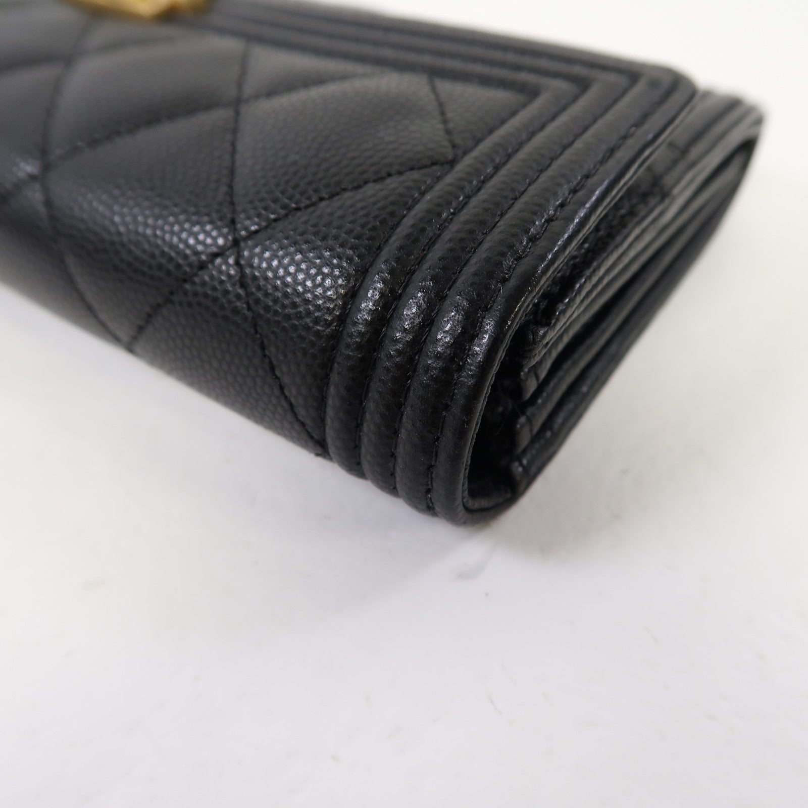 CHANEL 菱格牛皮皮革Boy Long Wallet金扣長錢包黑色