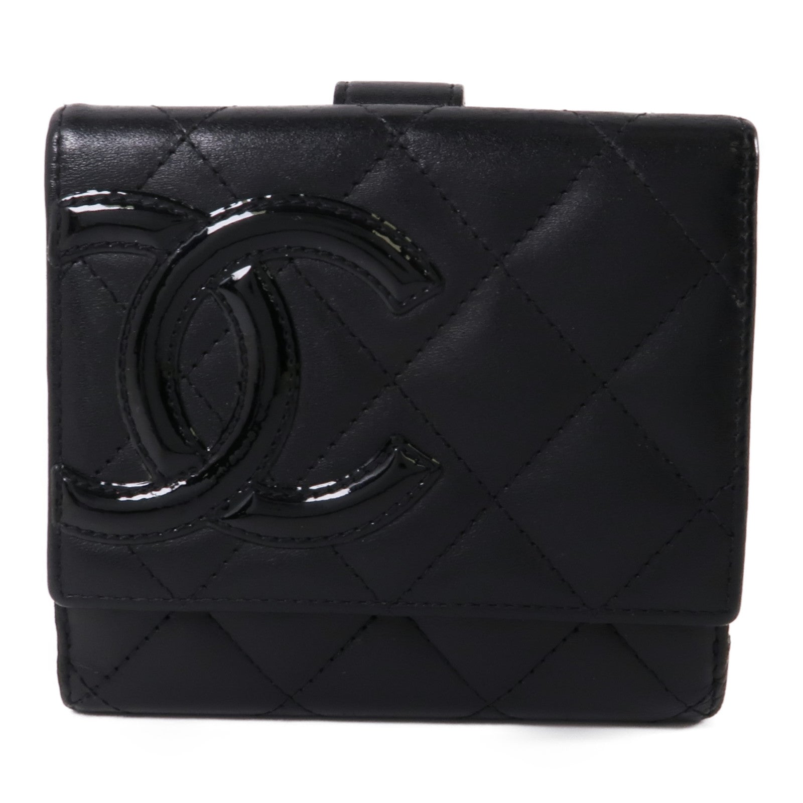 CHANEL 牛皮皮革Cambon Wallet銀扣錢包黑色/粉紅色