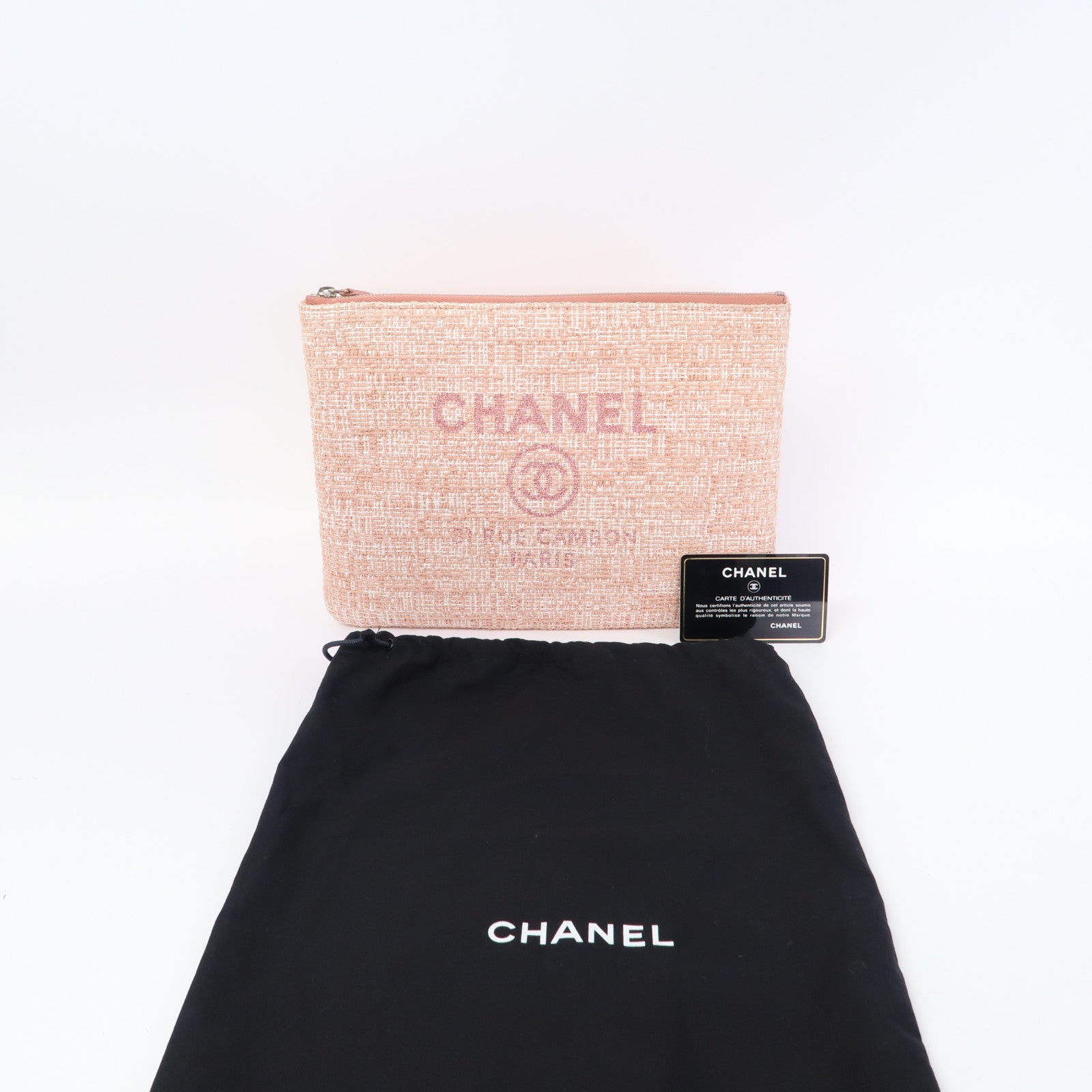 CHANEL 酒椰Large Deauville Pouch銀扣手拿包粉紅色