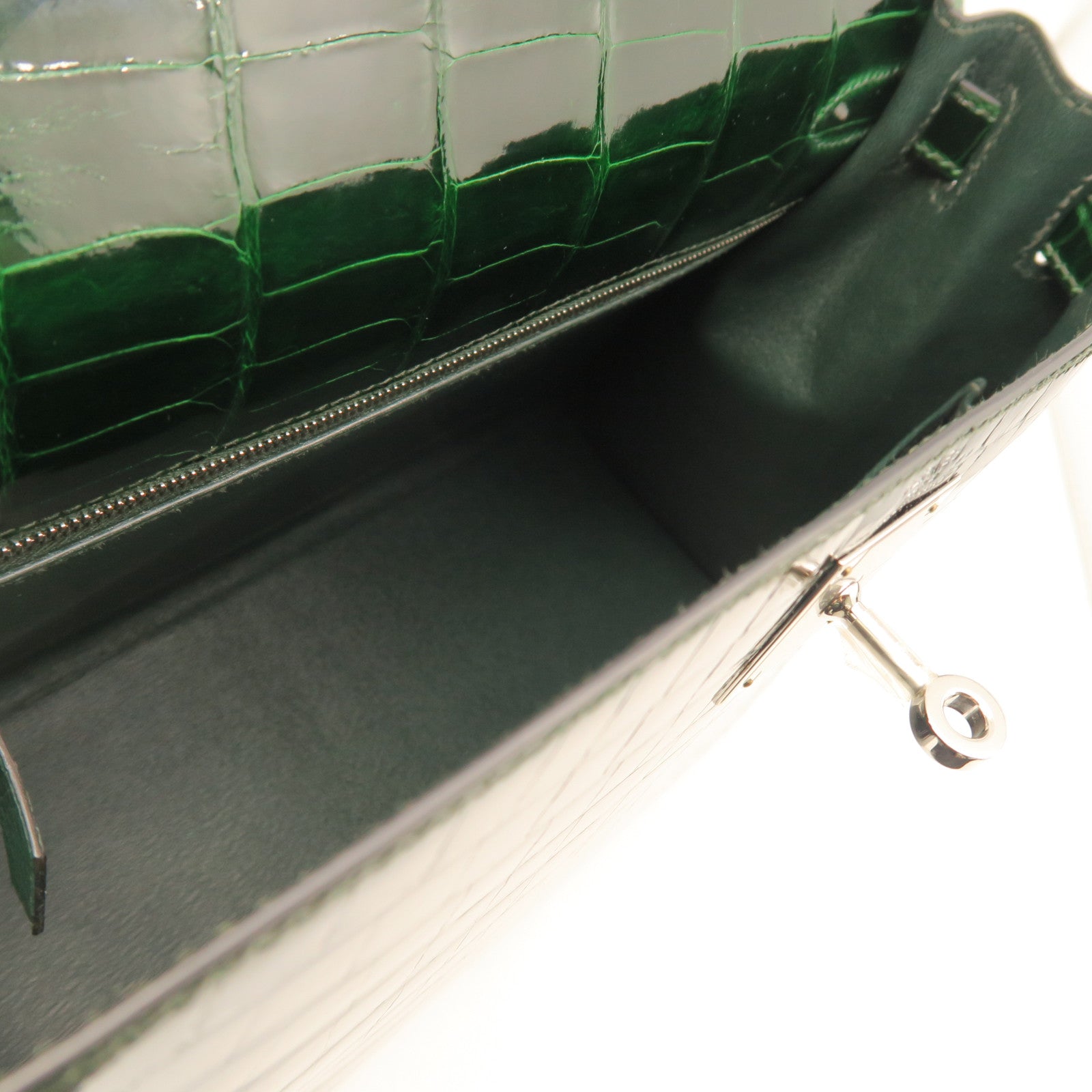HERMES crocodile leather Sac Kelly II Sellier 28 silver buckle handle bag crocodile army green