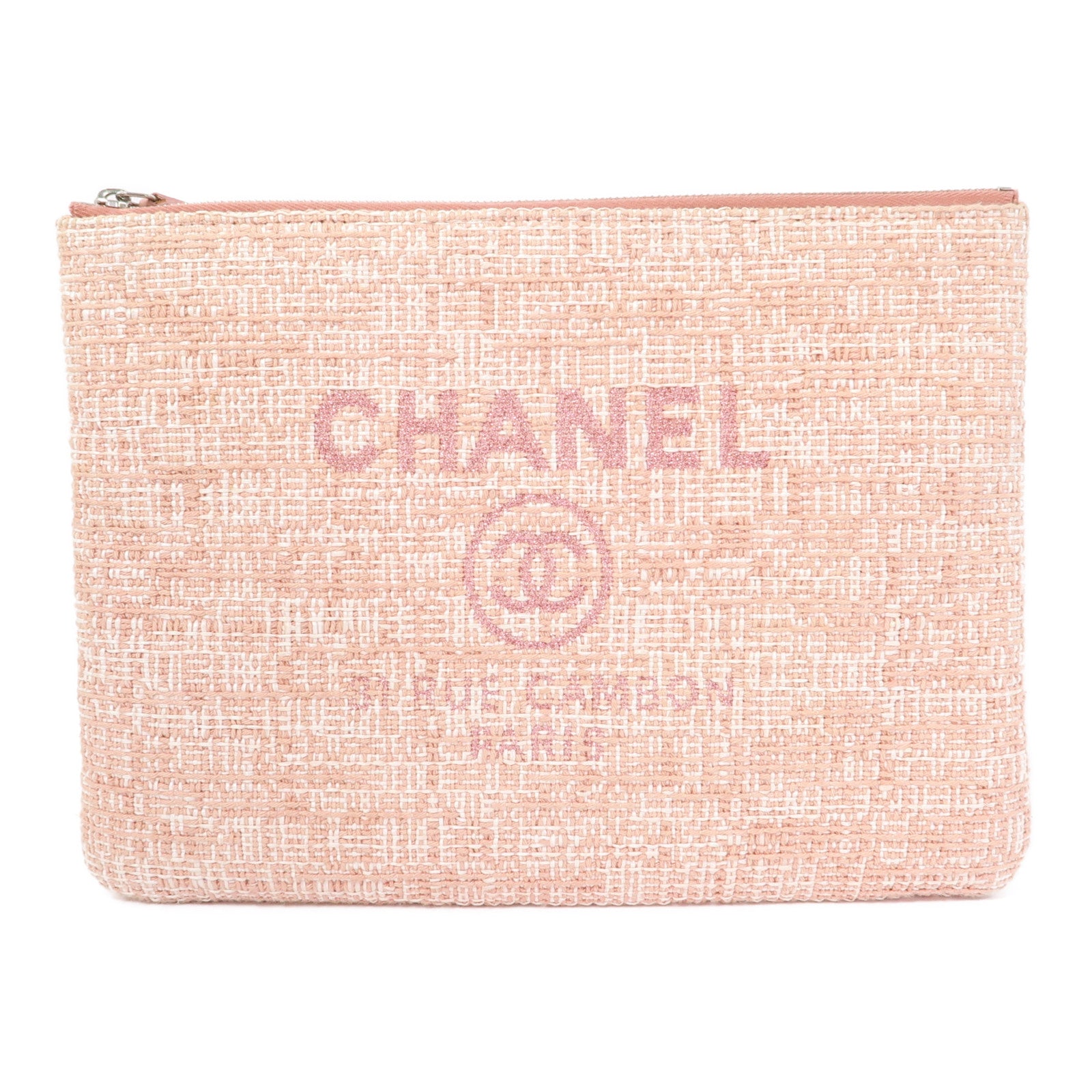 CHANEL 酒椰Large Deauville Pouch銀扣手拿包粉紅色
