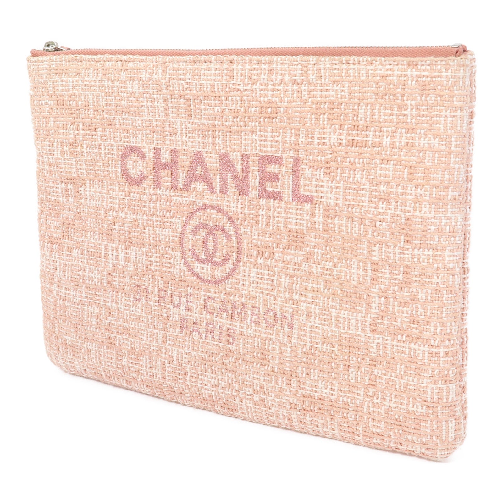 CHANEL 酒椰Large Deauville Pouch銀扣手拿包粉紅色