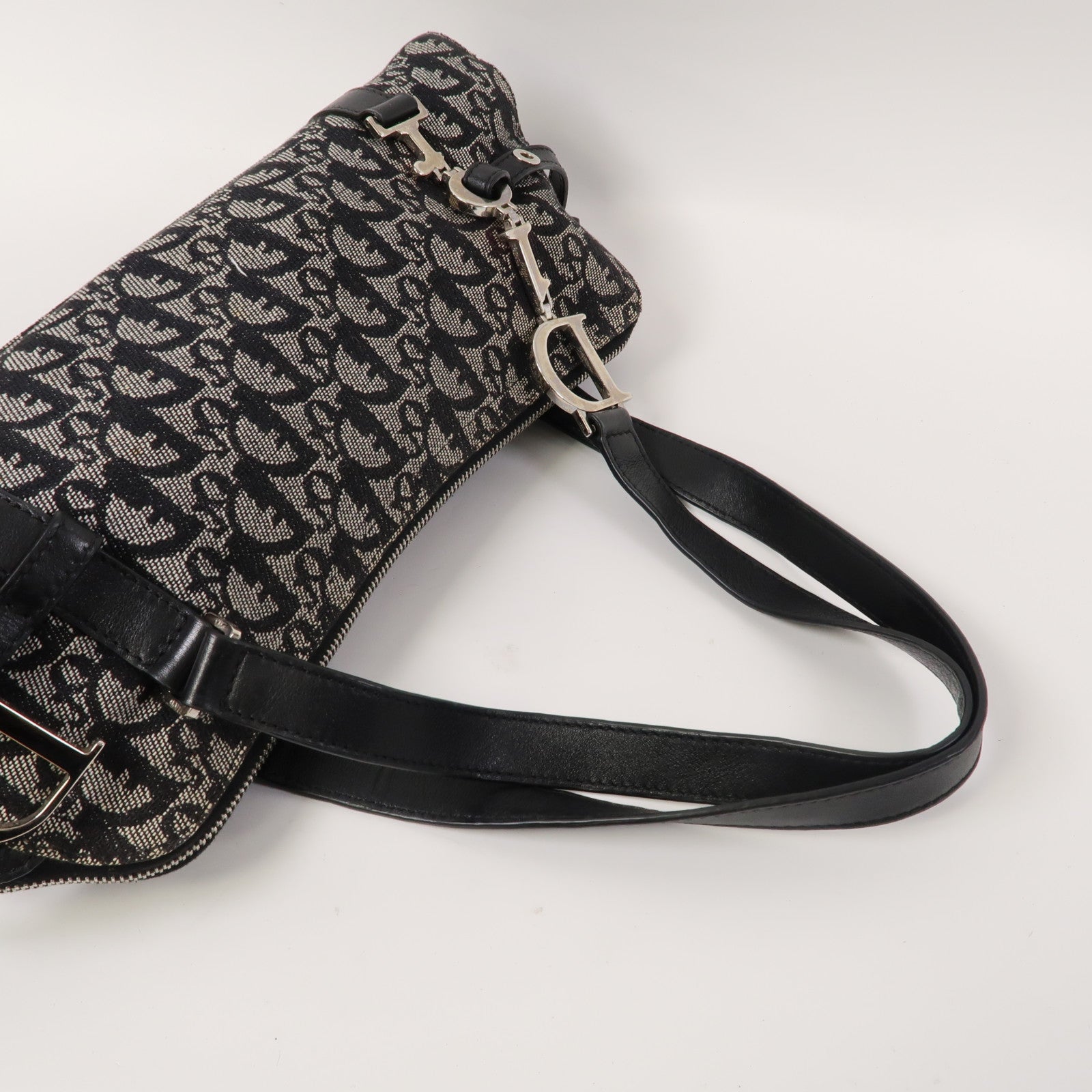 Dior 帆布Logo Charm Boston銀扣肩背袋黑色