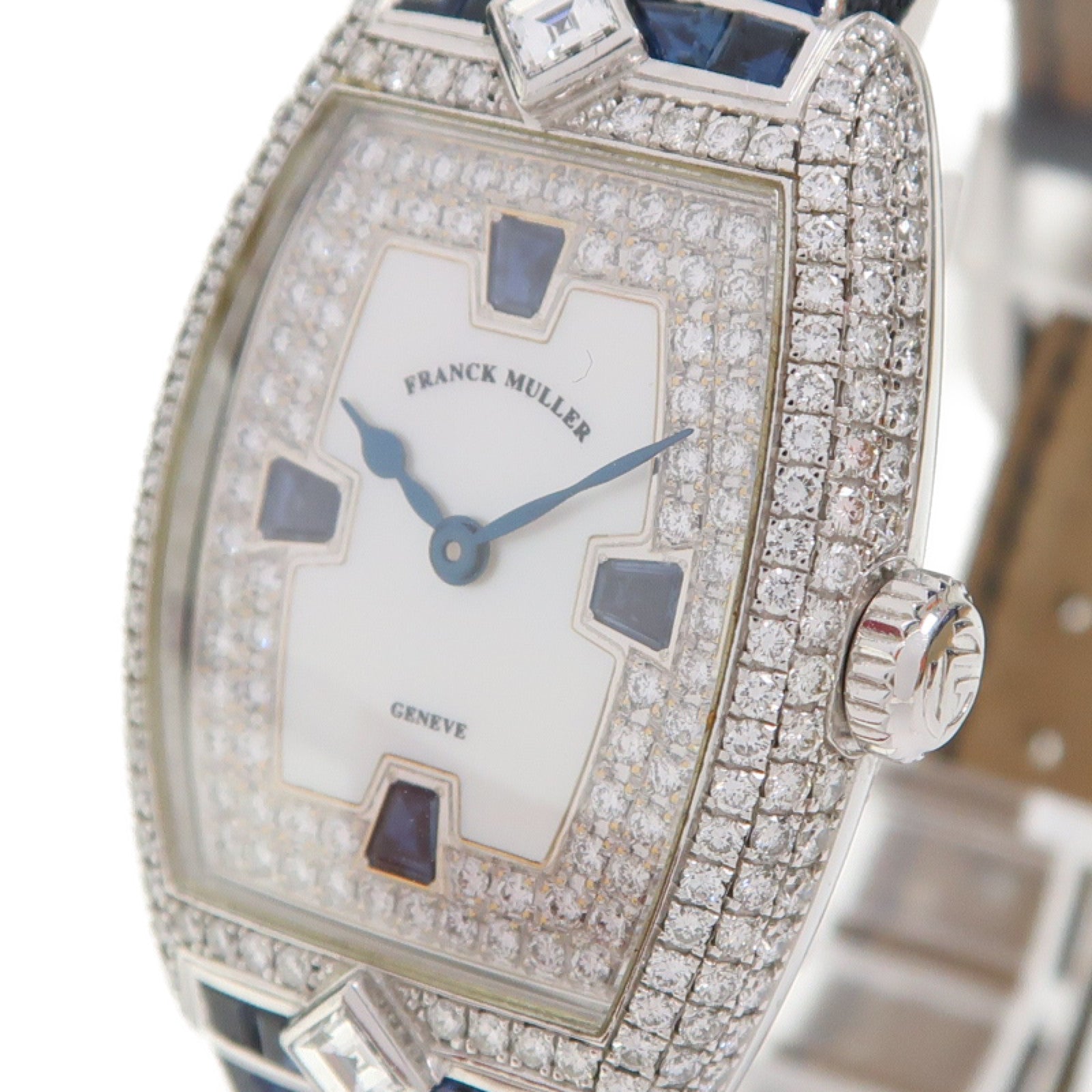 FRANCK MULLER Sapphire Diamond Watch 18K白金/皮革帶手錶手動機芯珍珠色