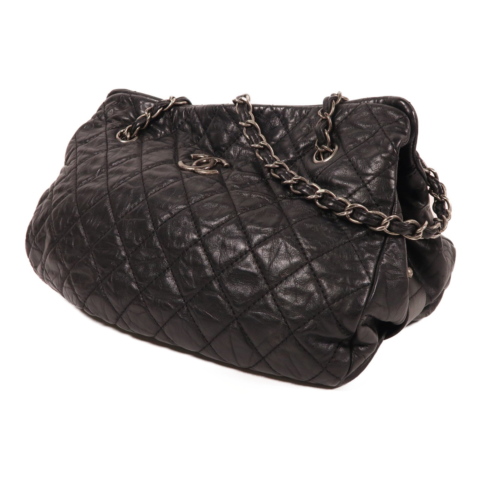 CHANEL 牛皮皮革Chain Shoulder銀扣鏈帶肩背袋黑色