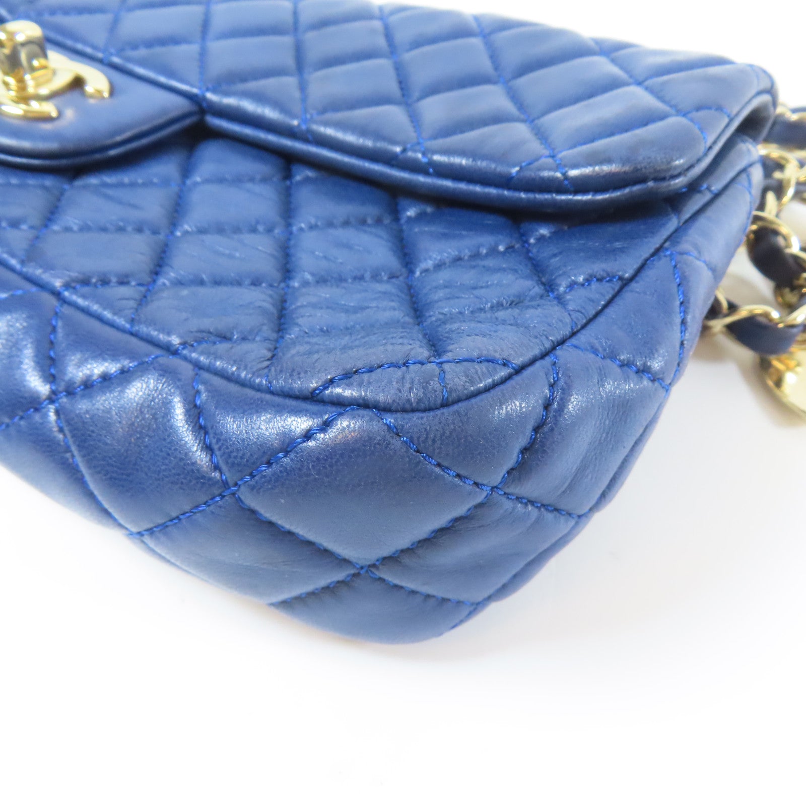 CHANEL 菱格羊皮皮革Chain Shoulder銀扣鏈帶肩背袋藍色