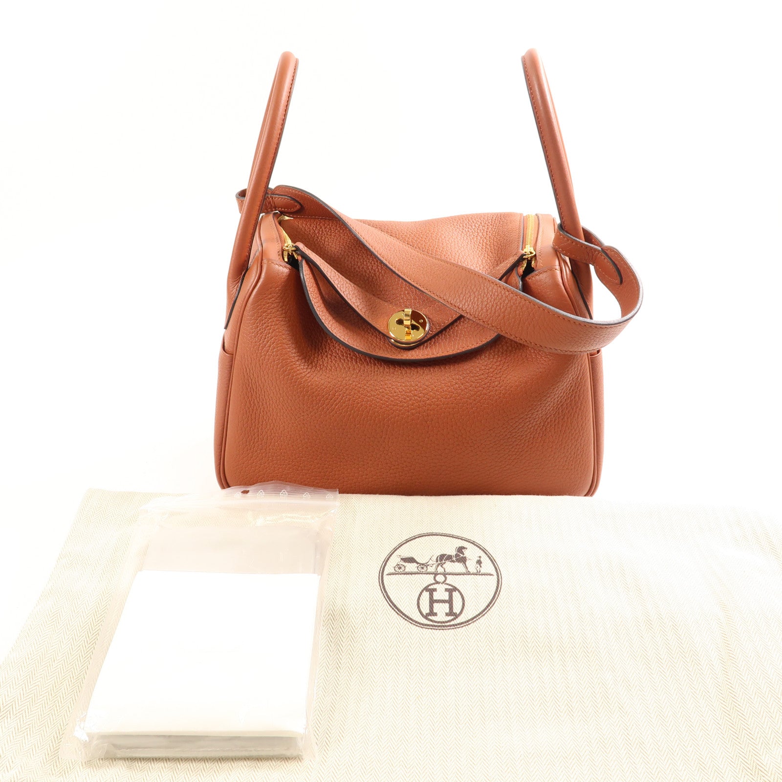 HERMES Clemence皮革Lindy 26金扣手挽肩背兩用袋Cuivre