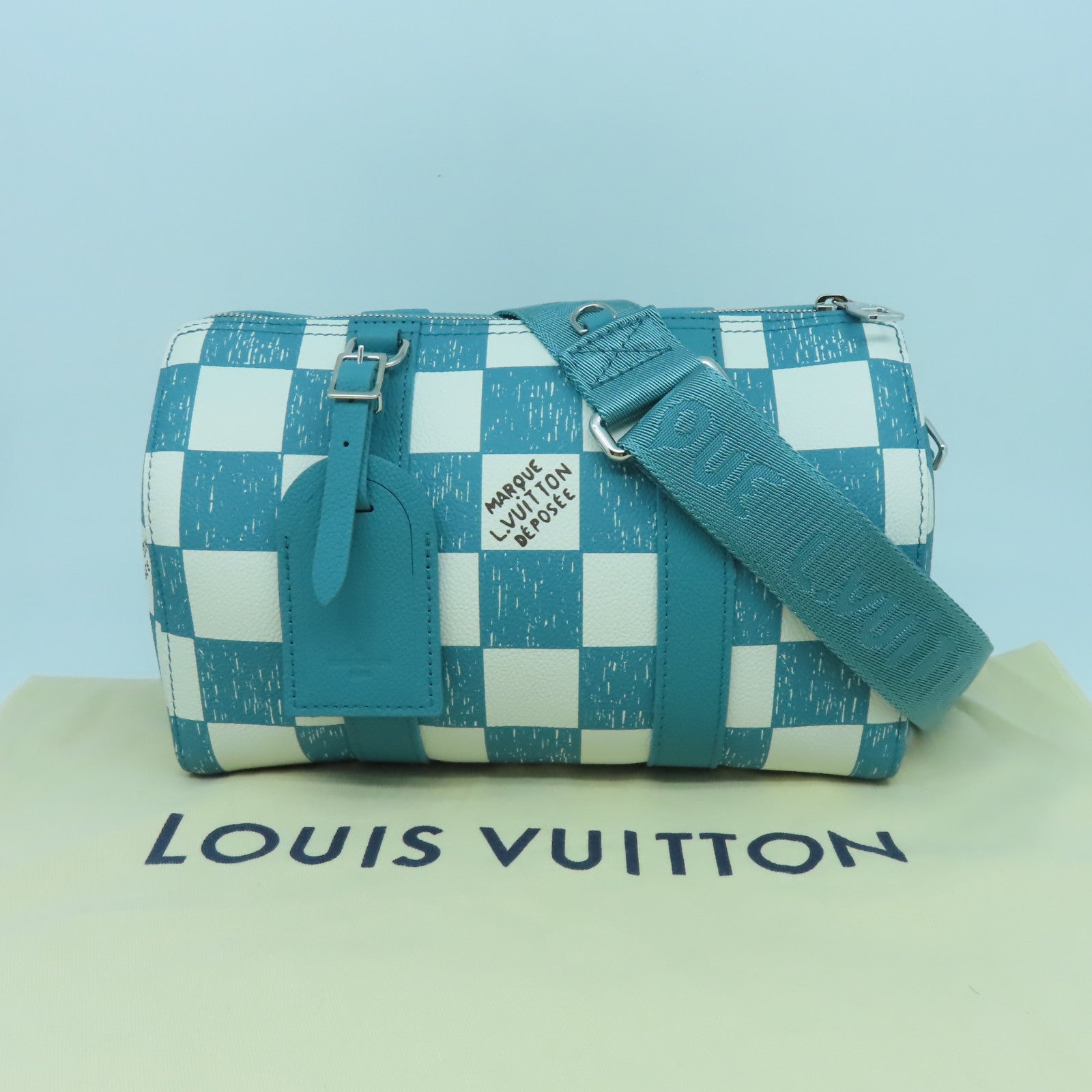 LOUIS VUITTON 【清倉大減價】Damier City Keepall銀扣肩背袋藍色/白色