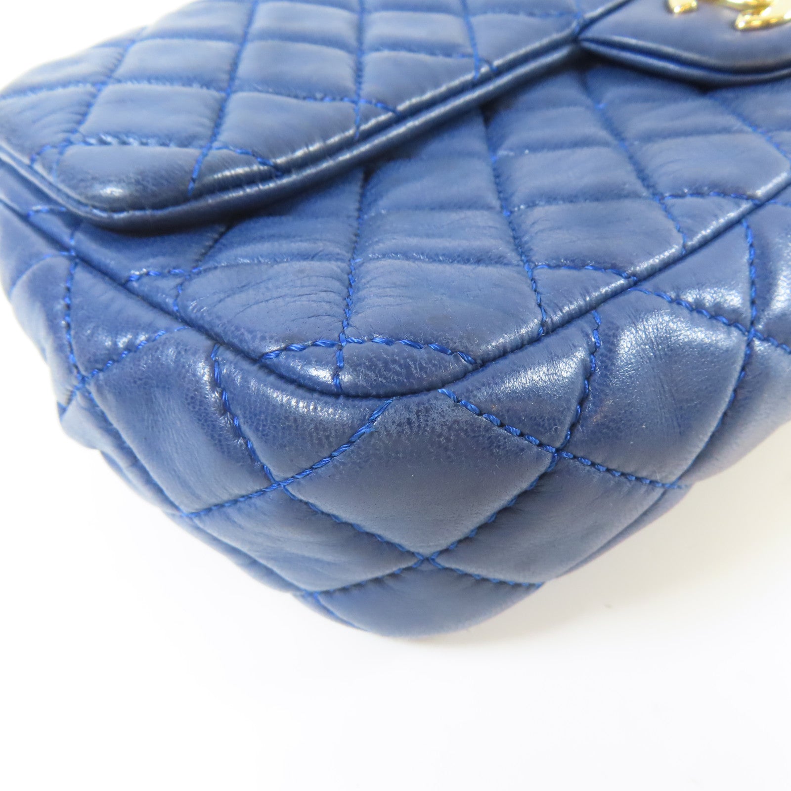 CHANEL 菱格羊皮皮革Chain Shoulder銀扣鏈帶肩背袋藍色