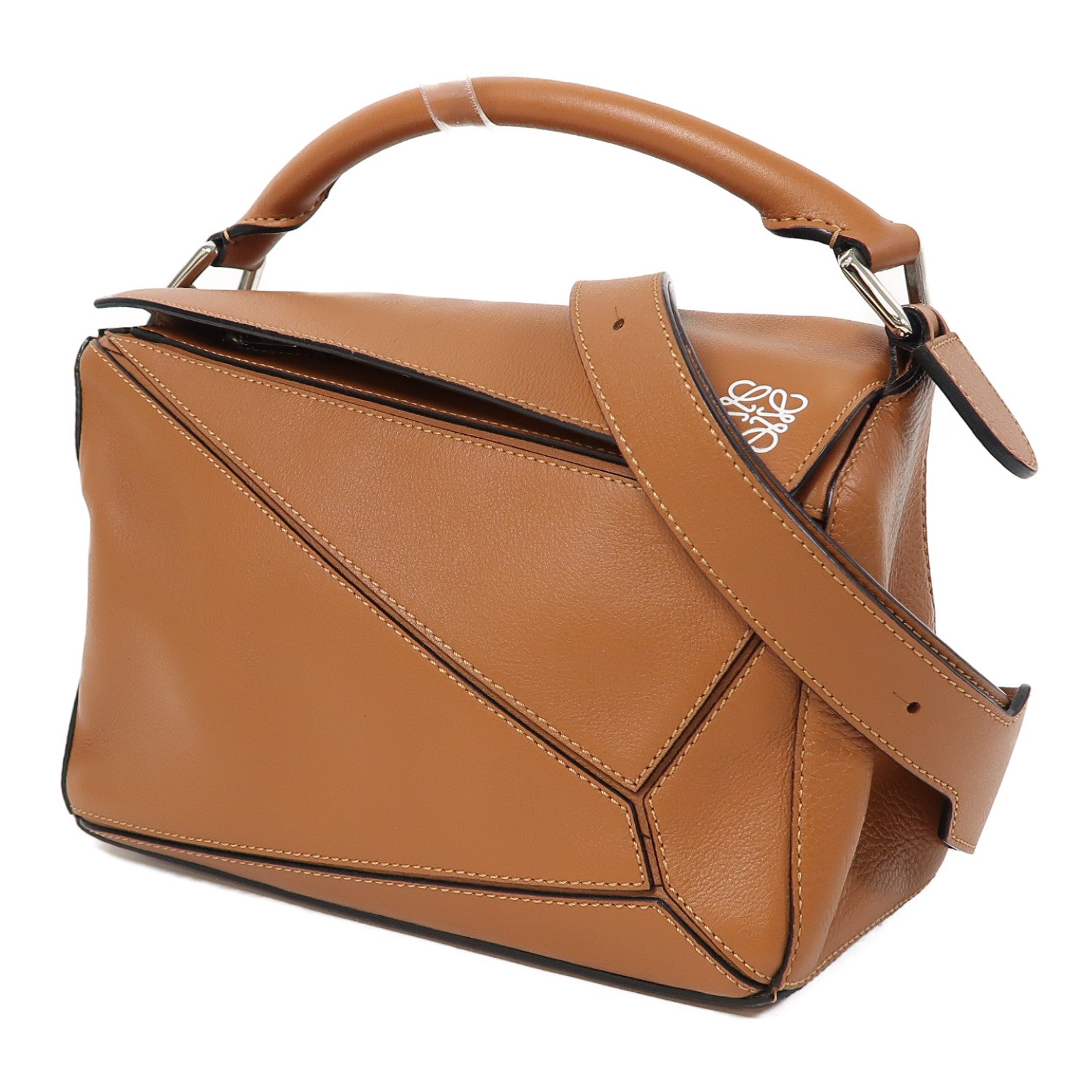 LOEWE 牛皮皮革Puzzle Bag銀扣手挽肩背兩用袋啡色