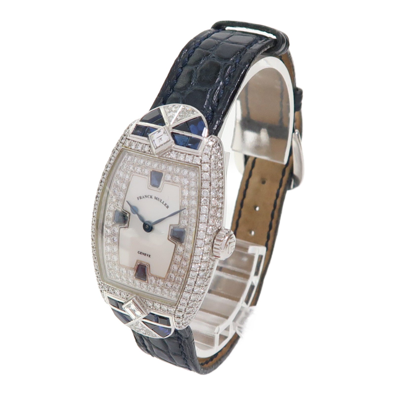 FRANCK MULLER Sapphire Diamond Watch 18K白金/皮革帶手錶手動機芯珍珠色