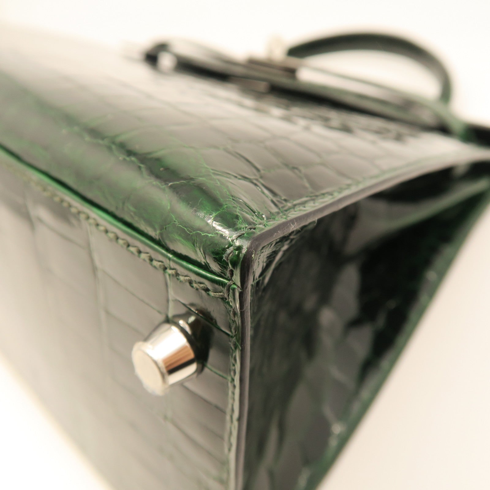 HERMES crocodile leather Sac Kelly II Sellier 28 silver buckle handle bag crocodile army green