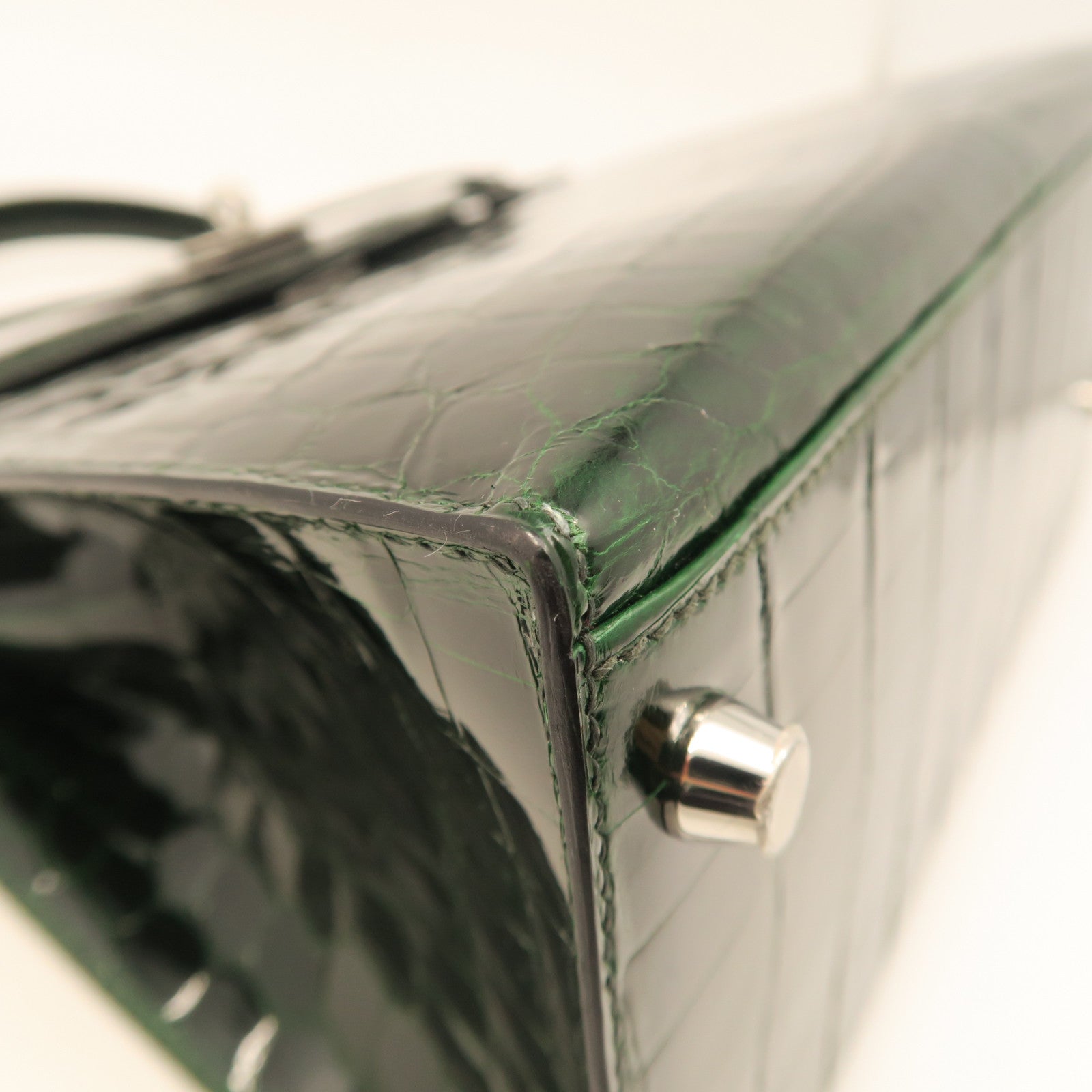 HERMES crocodile leather Sac Kelly II Sellier 28 silver buckle handle bag crocodile army green