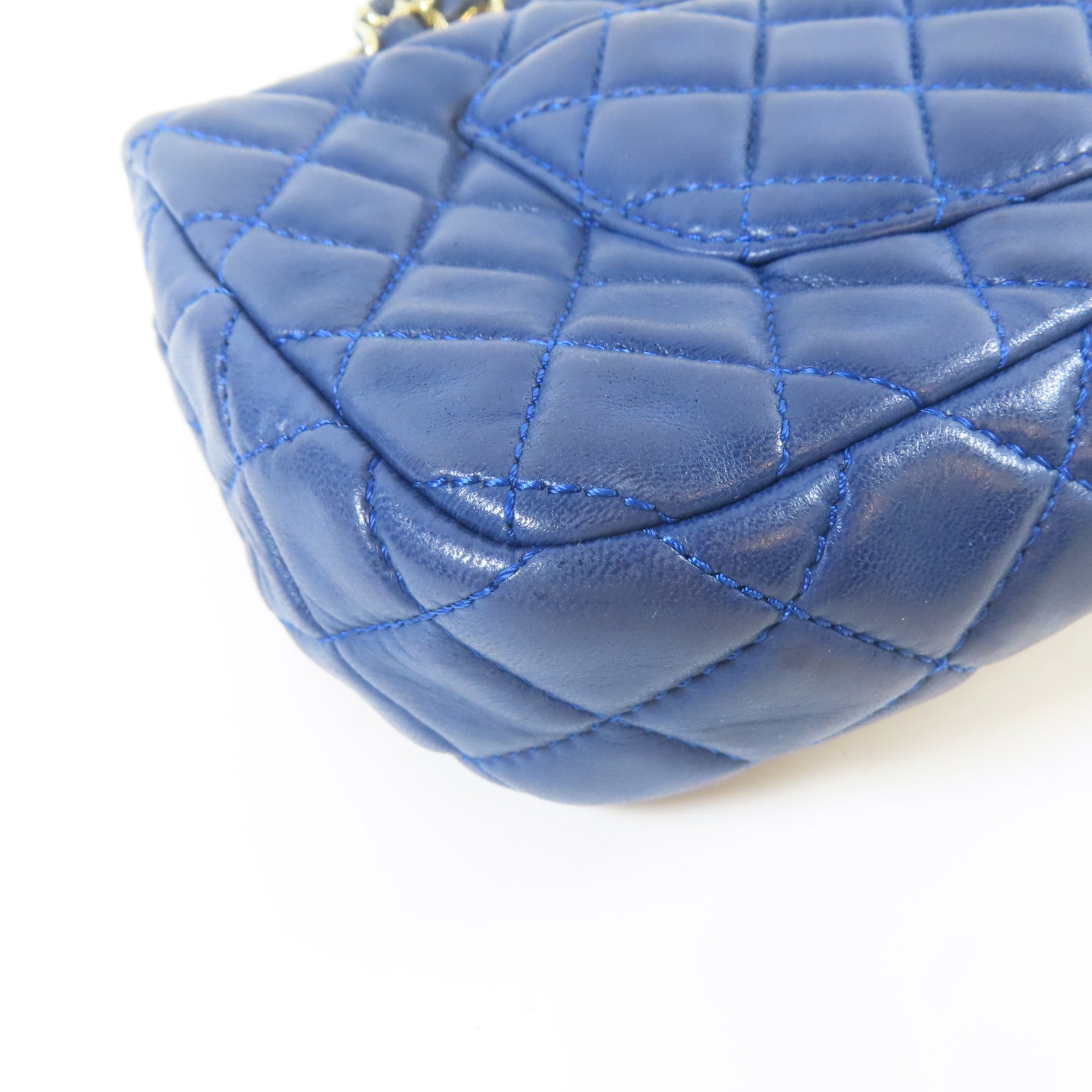 CHANEL 菱格羊皮皮革Chain Shoulder銀扣鏈帶肩背袋藍色