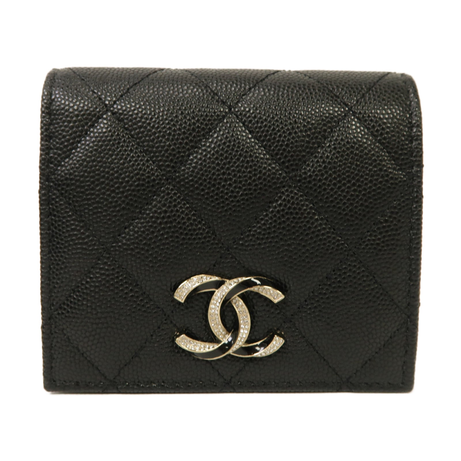 CHANEL 菱格Caviar皮革Wallet銀扣啪鈕錢包黑色
