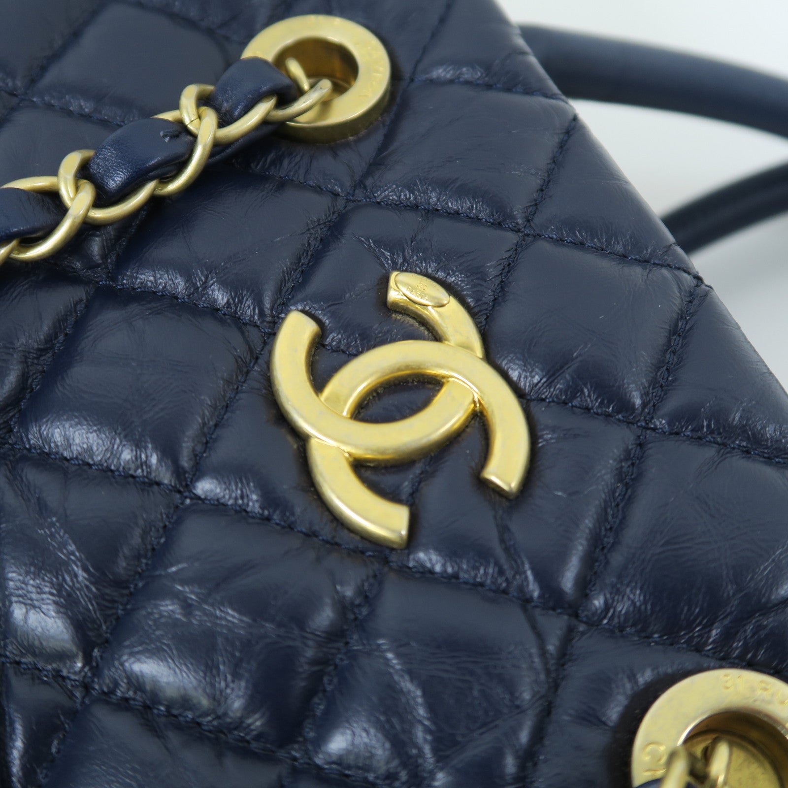 CHANEL 【激減優惠】菱格牛皮皮革Shoulder Tote金扣手挽肩背兩用袋藍色