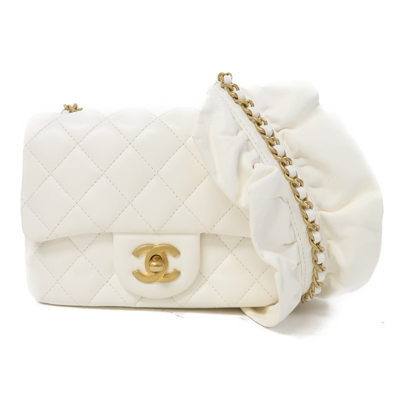 CHANEL 【激減優惠】菱格羊皮皮革Flap Bag金扣鏈帶肩背袋白色