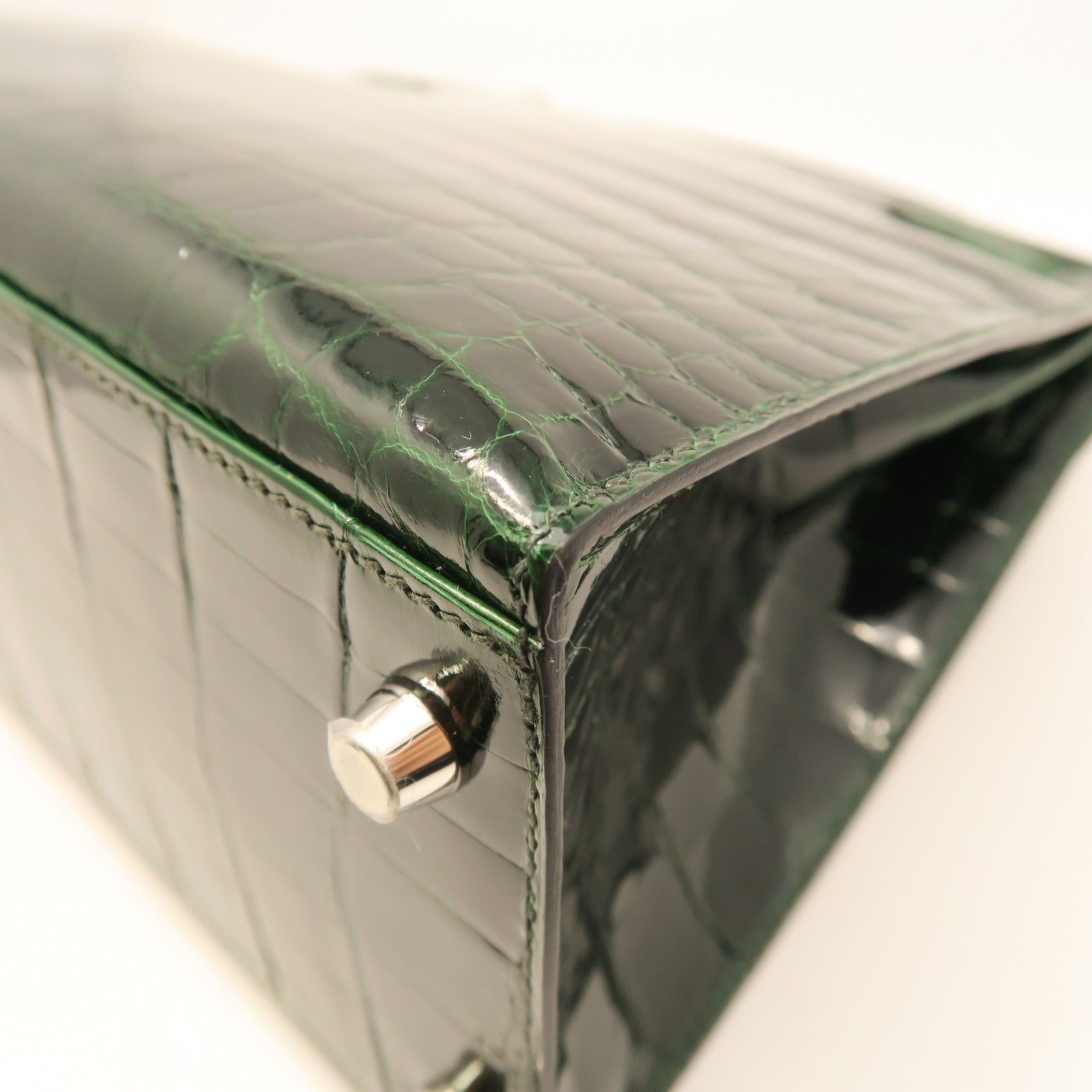 HERMES crocodile leather Sac Kelly II Sellier 28 silver buckle handle bag crocodile army green