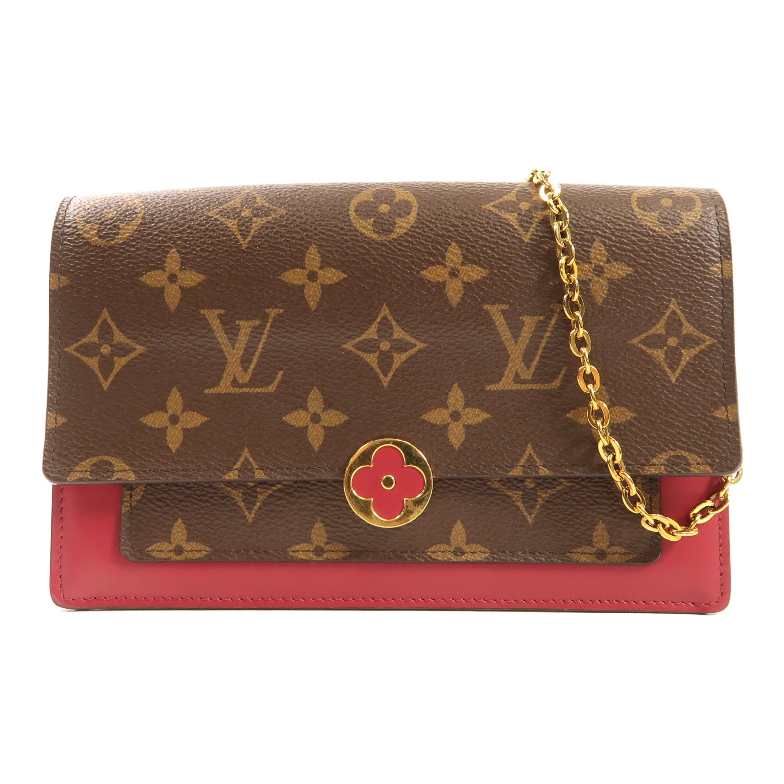 LOUIS VUITTON【激減優惠】 Monogram Portefeuille Flor金扣鏈帶肩背袋棕色/紅色