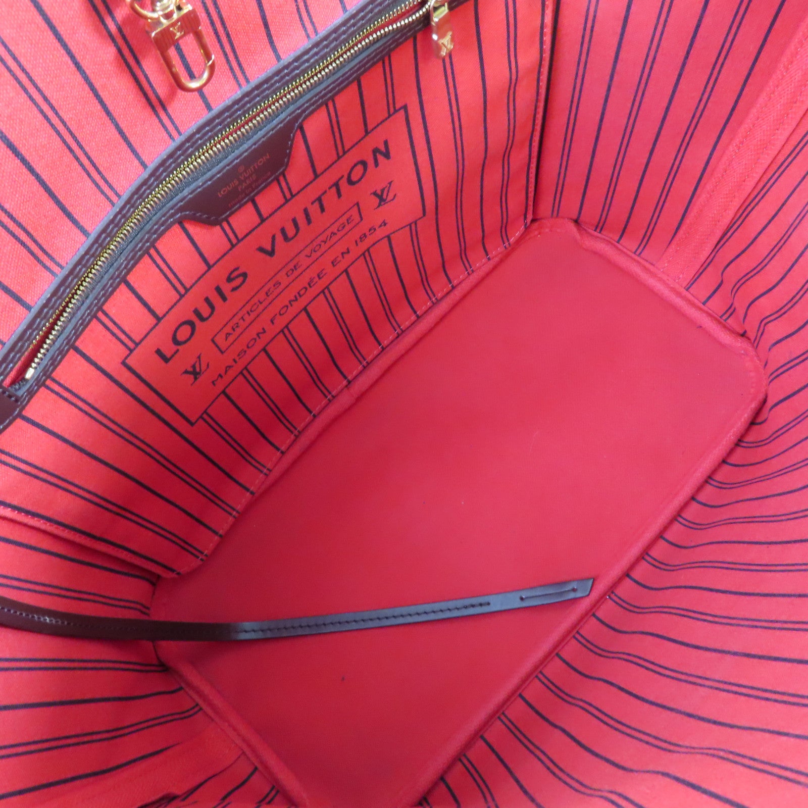 LOUIS VUITTON 【激減優惠】Damier Ebene Neverfull MM Tote Bag金扣肩背袋啡色/紅色