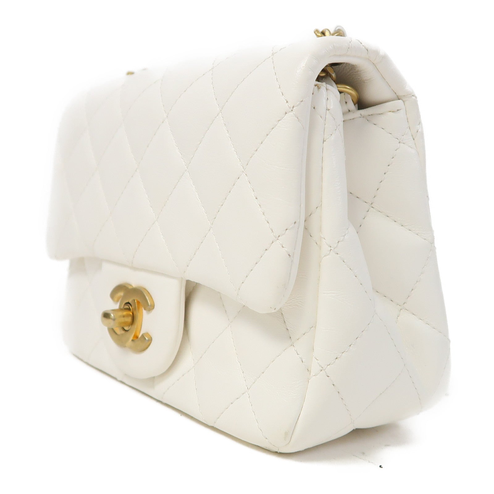 CHANEL 【激減優惠】菱格羊皮皮革Flap Bag金扣鏈帶肩背袋白色