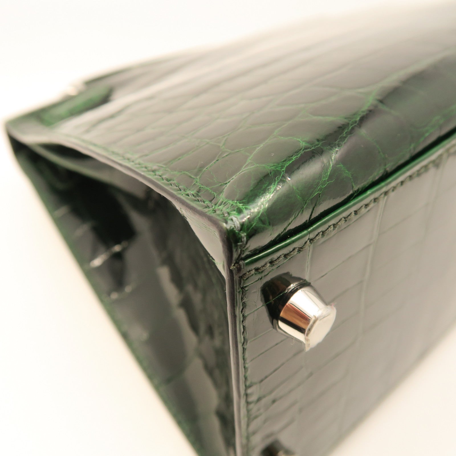 HERMES crocodile leather Sac Kelly II Sellier 28 silver buckle handle bag crocodile army green