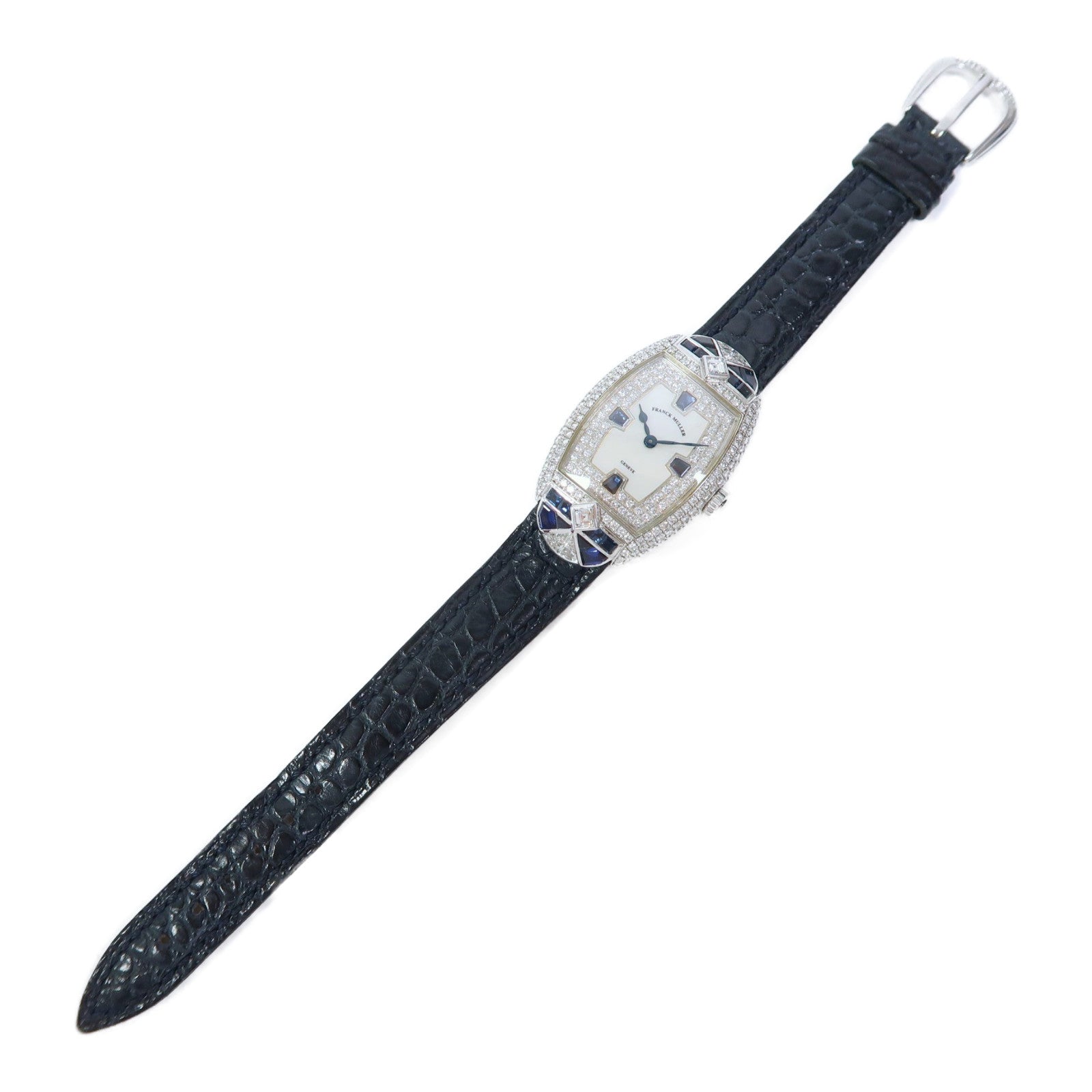 FRANCK MULLER Sapphire Diamond Watch 18K白金/皮革帶手錶手動機芯珍珠色