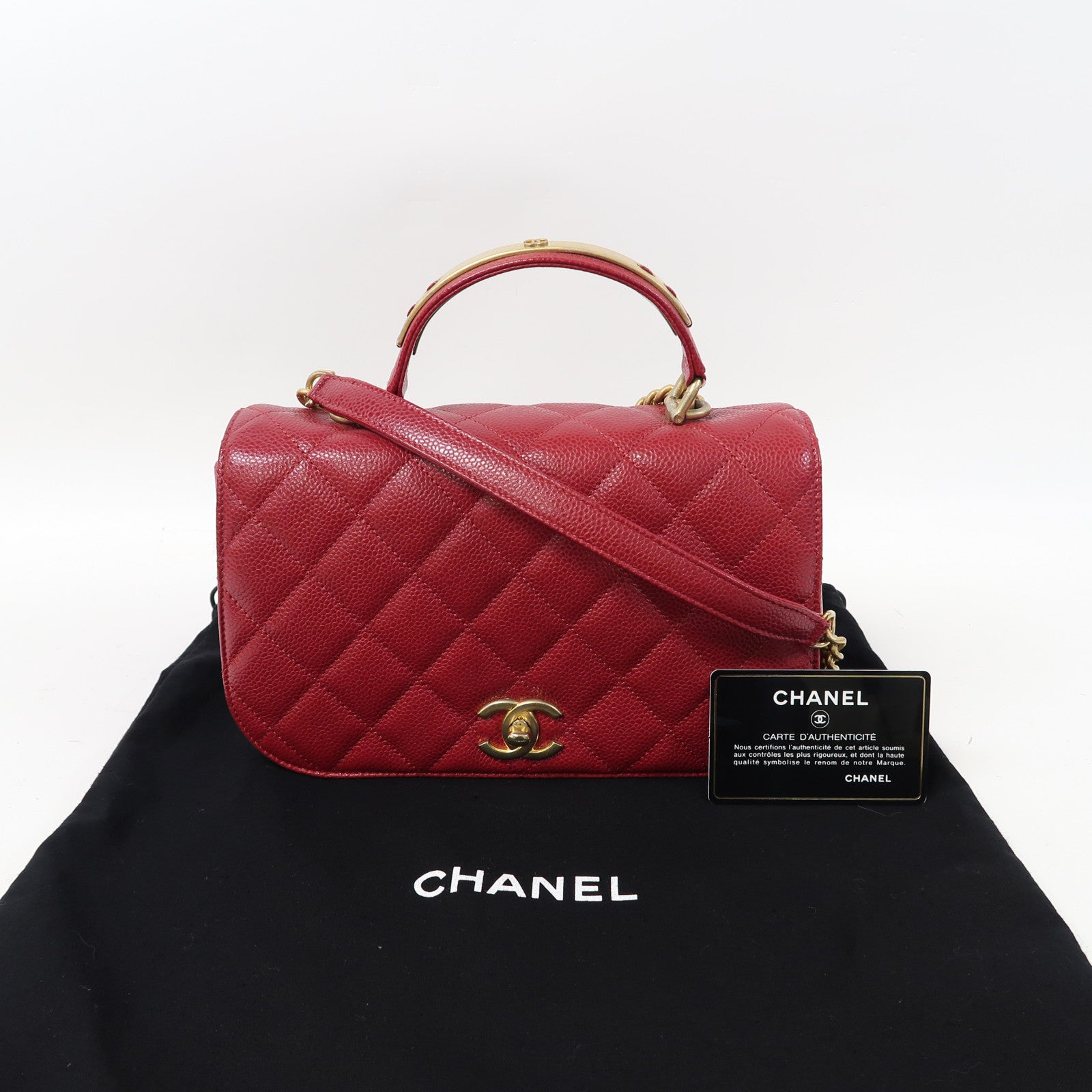 CHANEL 菱格牛皮皮革Chain Shoulder金扣鏈帶肩背袋紅色