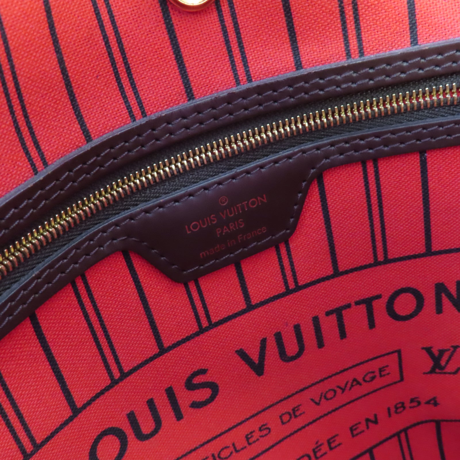 LOUIS VUITTON 【激減優惠】Damier Ebene Neverfull MM Tote Bag金扣肩背袋啡色/紅色