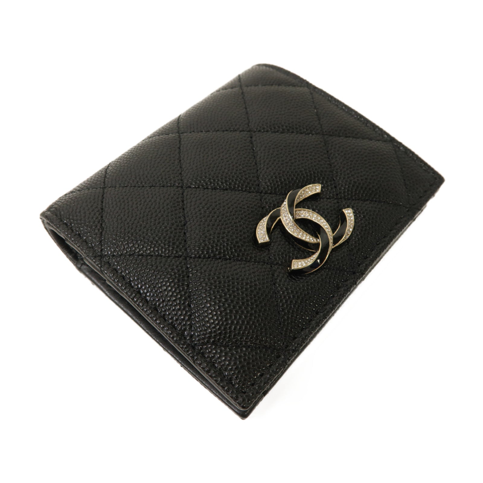 CHANEL 菱格Caviar皮革Wallet銀扣啪鈕錢包黑色