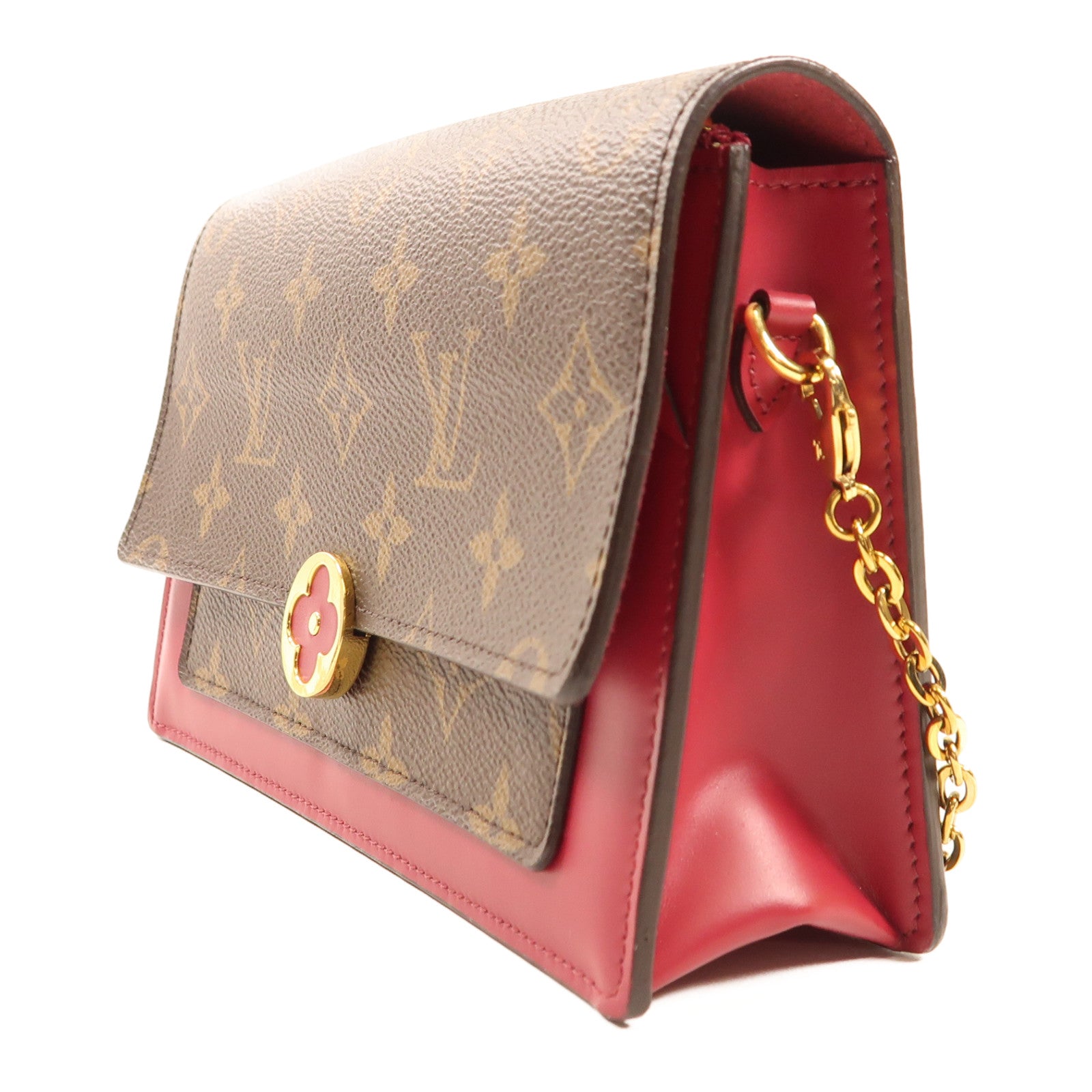 LOUIS VUITTON【激減優惠】 Monogram Portefeuille Flor金扣鏈帶肩背袋棕色/紅色