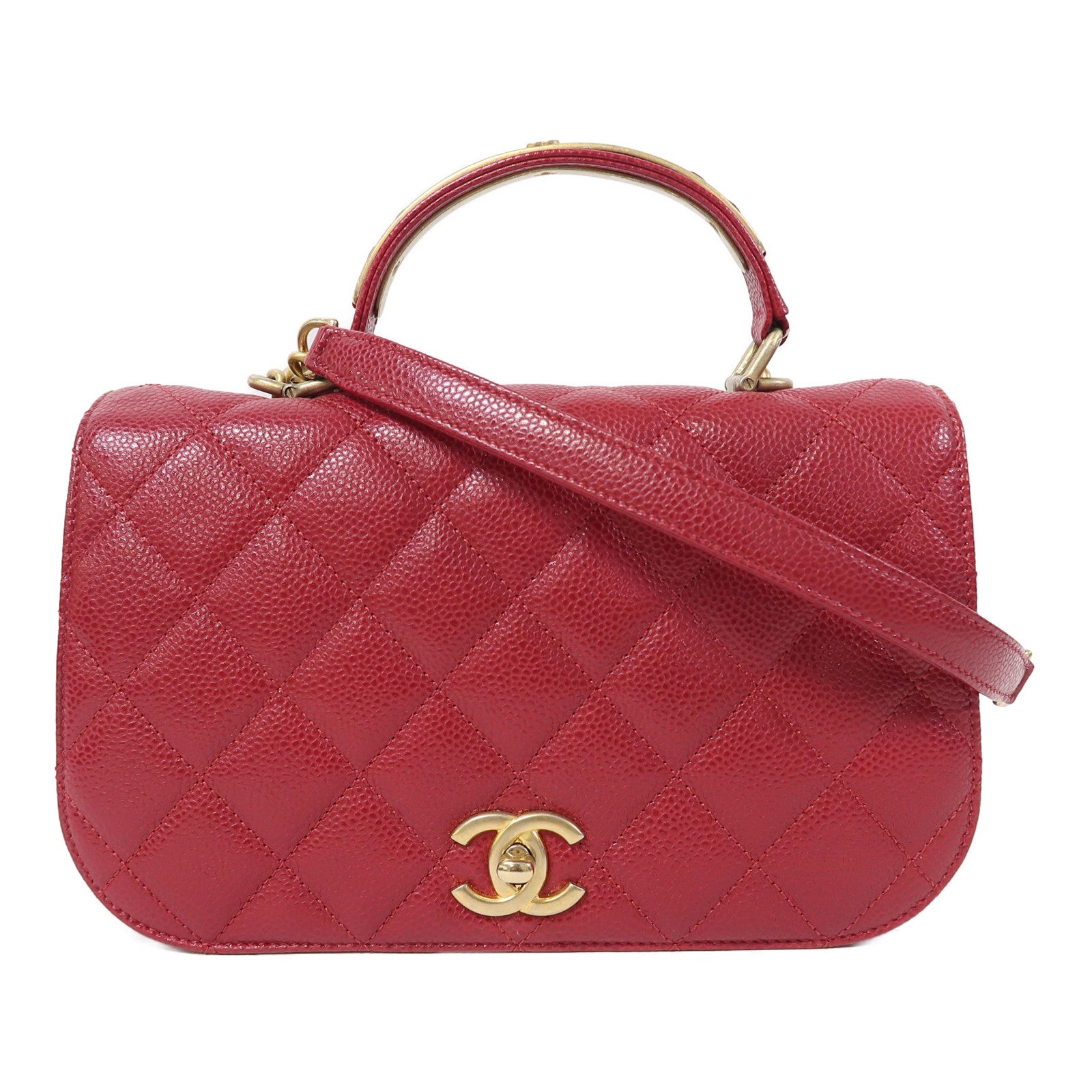 CHANEL 菱格牛皮皮革Chain Shoulder金扣鏈帶肩背袋紅色